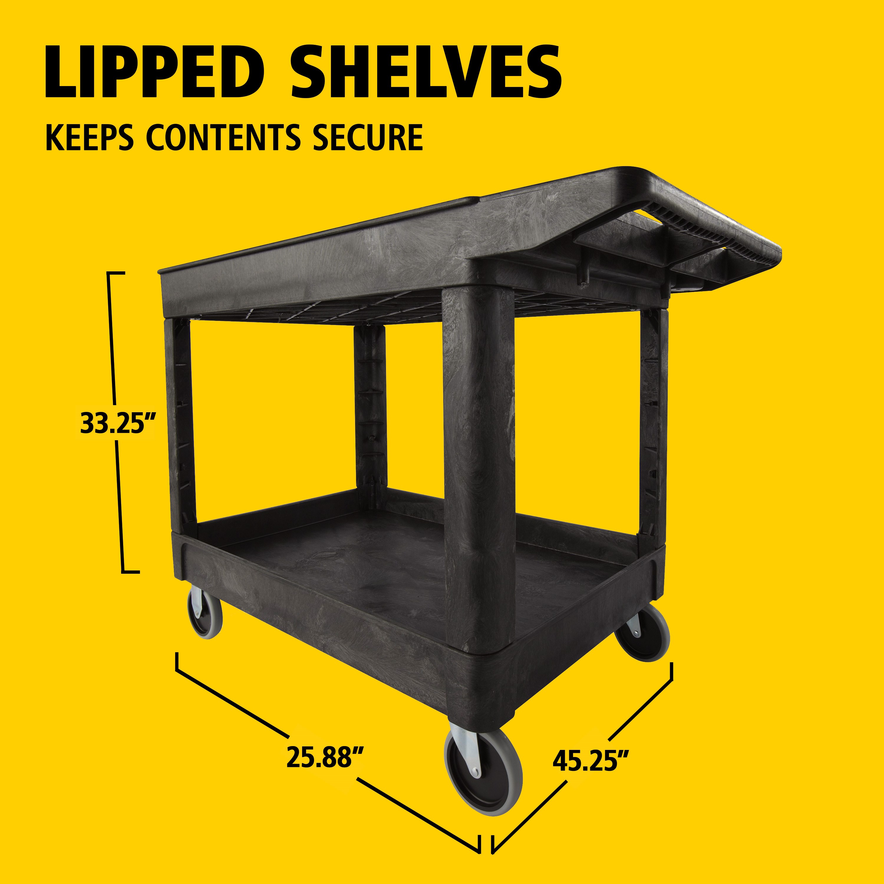 Heavy-Duty Utility Cart with Lipped Shelf transports materials, supplies, and heavy loads securely with up to 500 lbs. load capacity. The lipped shelves prevents items from falling off the cart and features an integrated V-notch to hold pipe and conduit securely for safe cutting.