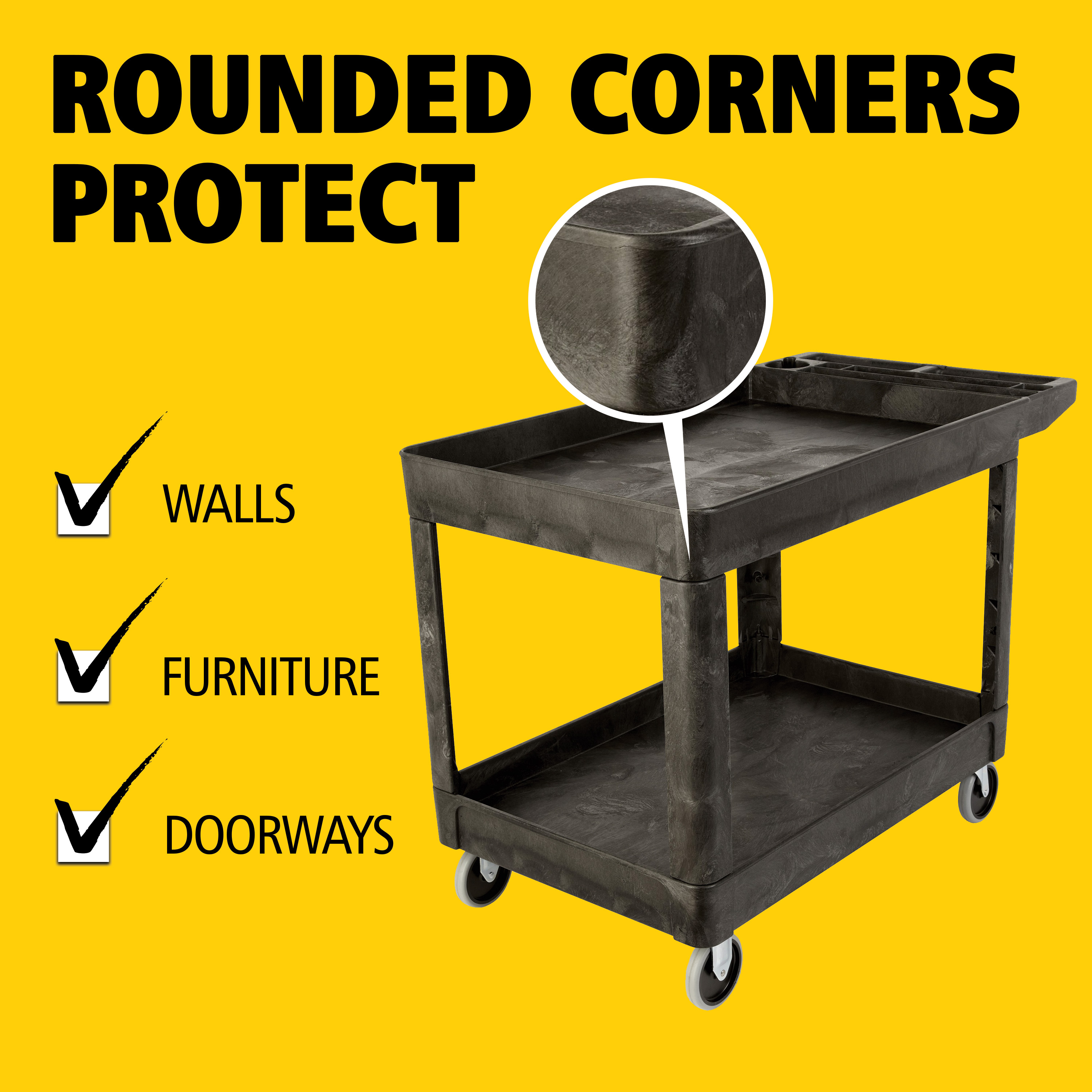 Heavy-Duty Utility Cart with Lipped Shelf transports materials, supplies, and heavy loads securely with up to 500 lbs. load capacity. The lipped shelves prevents items from falling off the cart and features an integrated V-notch to hold pipe and conduit securely for safe cutting.