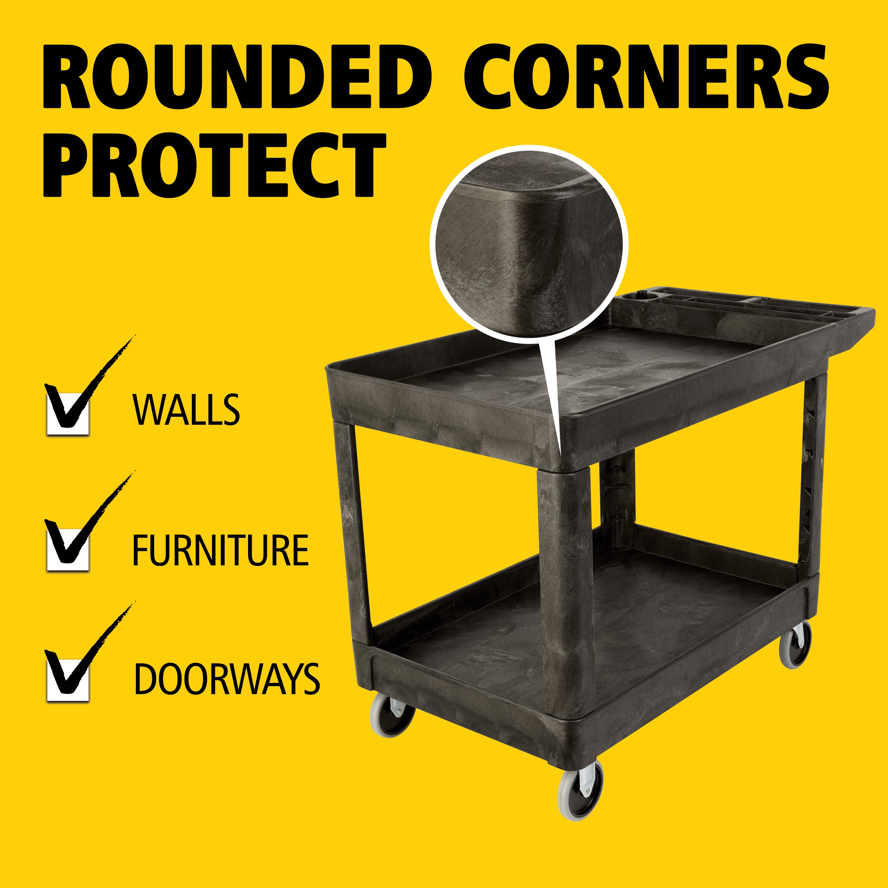 Heavy-Duty Utility Cart with Lipped Shelf transports materials, supplies, and heavy loads securely with up to 500 lbs. load capacity. The lipped shelves prevents items from falling off the cart and features an integrated V-notch to hold pipe and conduit securely for safe cutting.