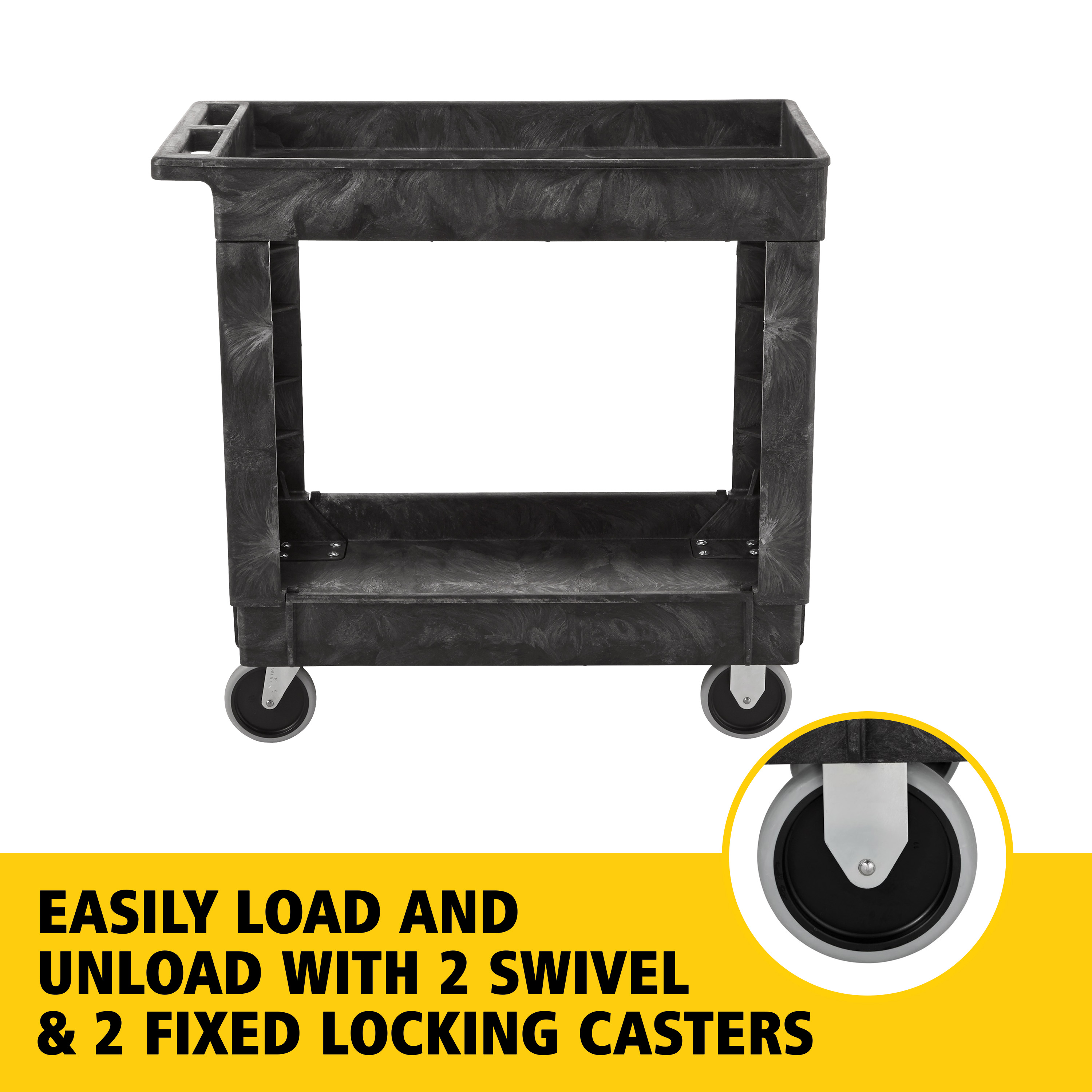 Heavy-Duty Utility Cart with Lipped Shelf transports materials, supplies, and heavy loads securely with up to 500 lbs. load capacity. The lipped shelves prevents items from falling off the cart and features an integrated V-notch to hold pipe and conduit securely for safe cutting.