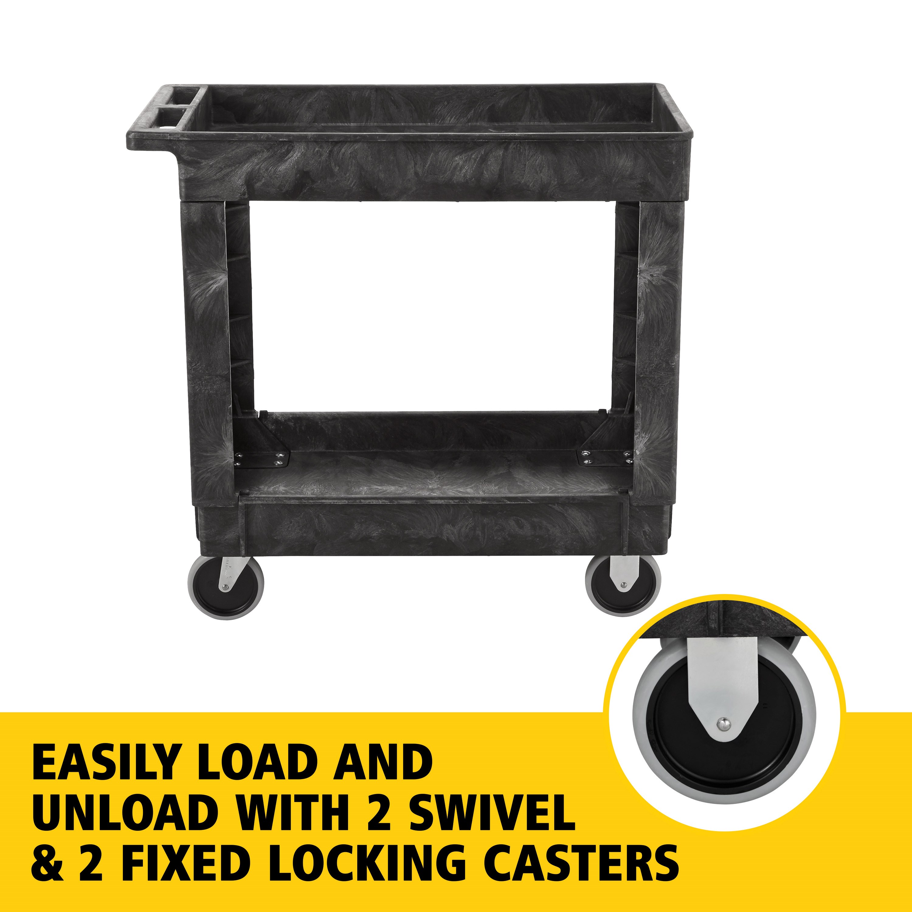 Heavy-Duty Utility Cart with Lipped Shelf transports materials, supplies, and heavy loads securely with up to 500 lbs. load capacity. The lipped shelves prevents items from falling off the cart and features an integrated V-notch to hold pipe and conduit securely for safe cutting.