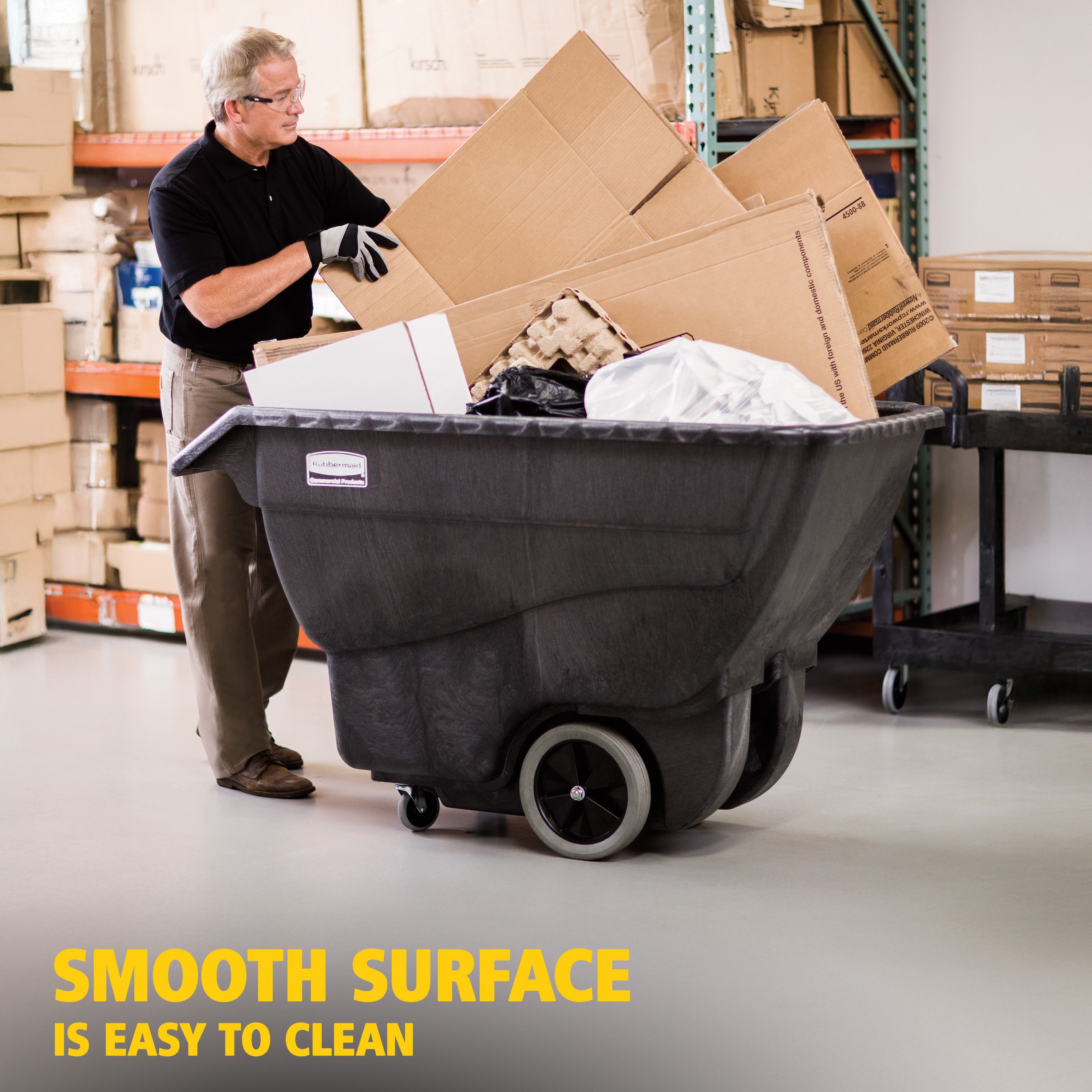 The Rubbermaid Commercial Tilt Dump Truck, Structural Foam, offers industrial strength construction to transport heavy loads up to 600 lbs.