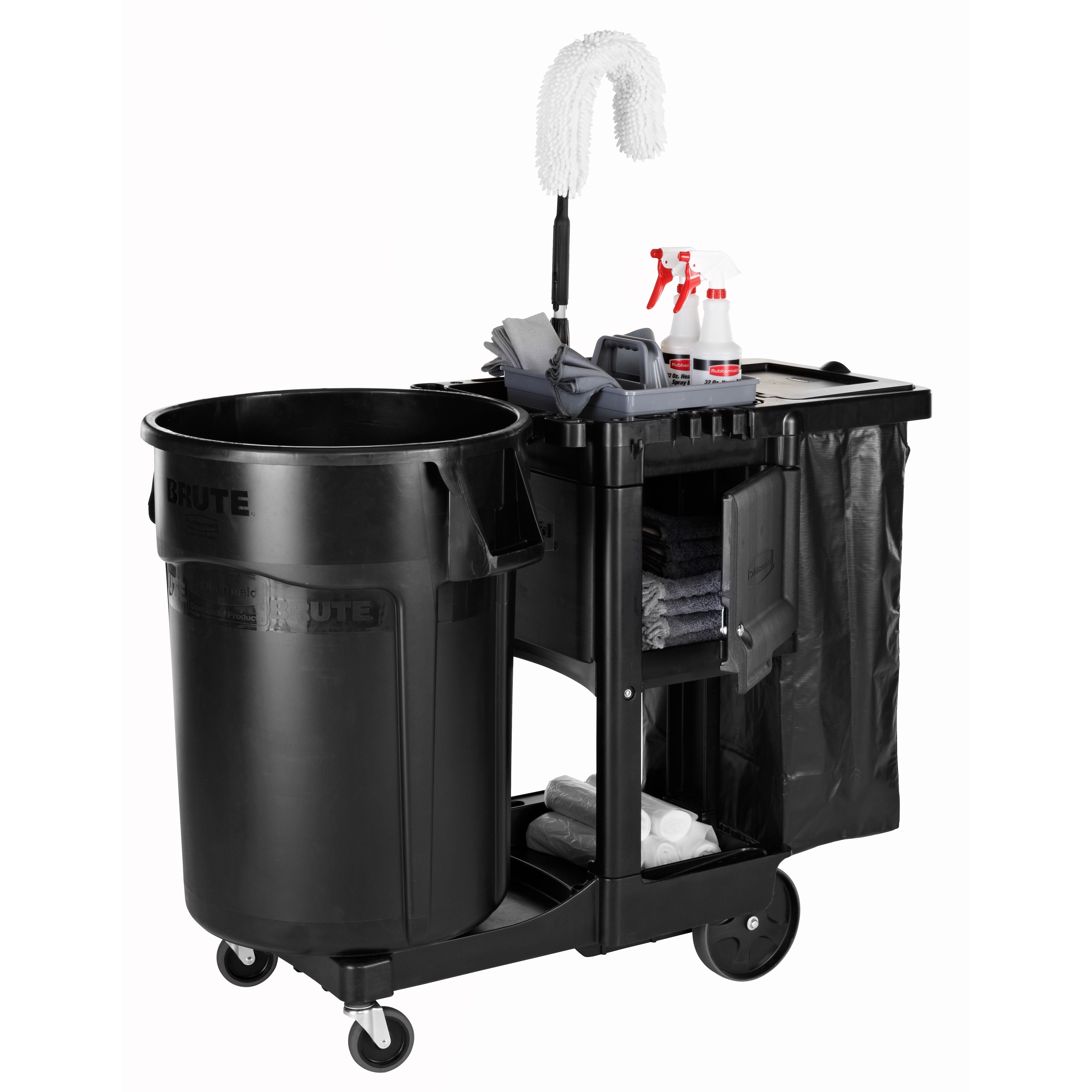 The Traditional Janitorial Cleaning Cart with zippered vinyl bag collects waste and transports tools for efficient cleaning.