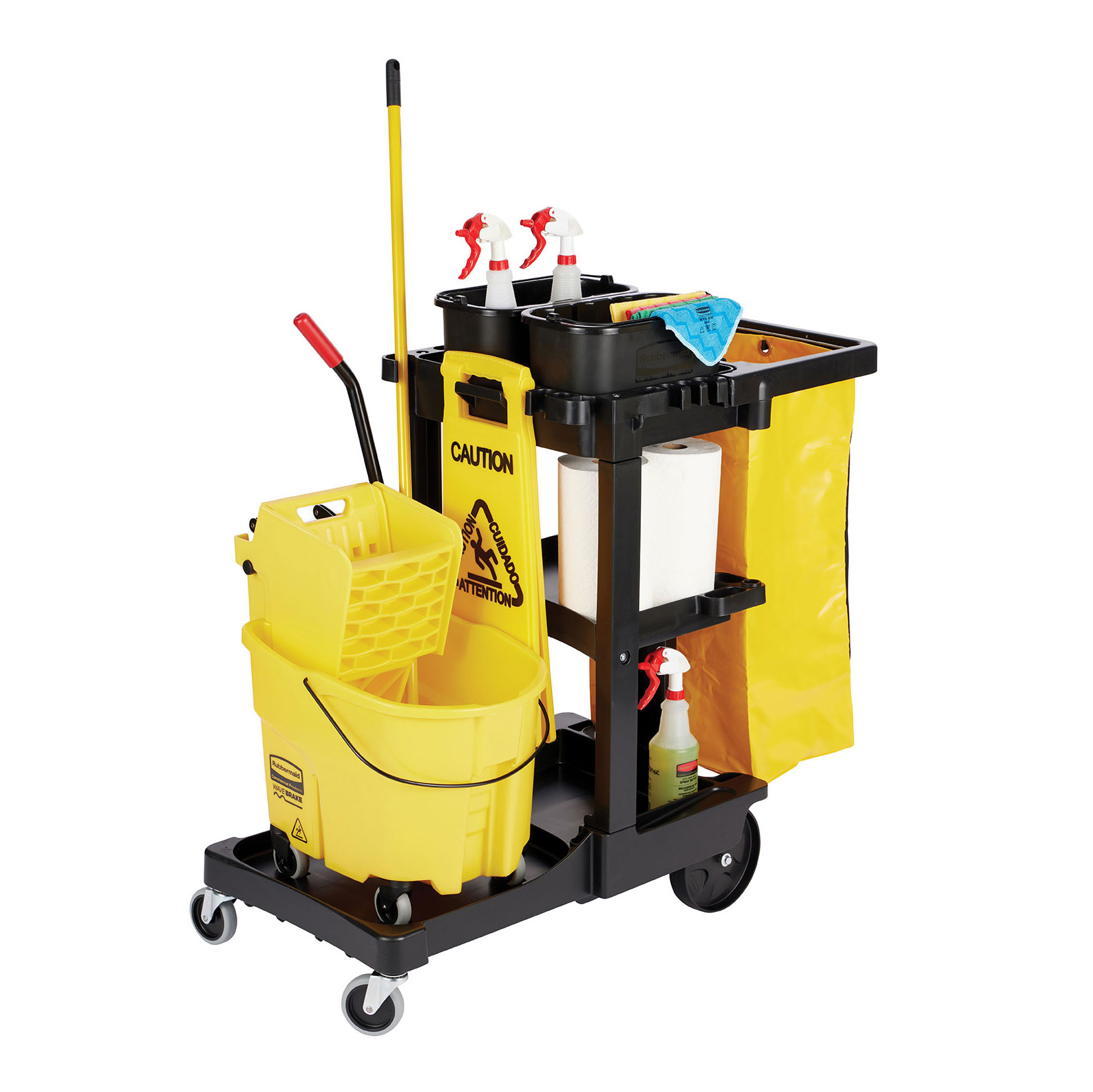 The Rubbermaid Commercial Traditional Janitorial Cleaning Cart with Zippered Yellow Bag collects waste and transports tools for efficient cleaning.