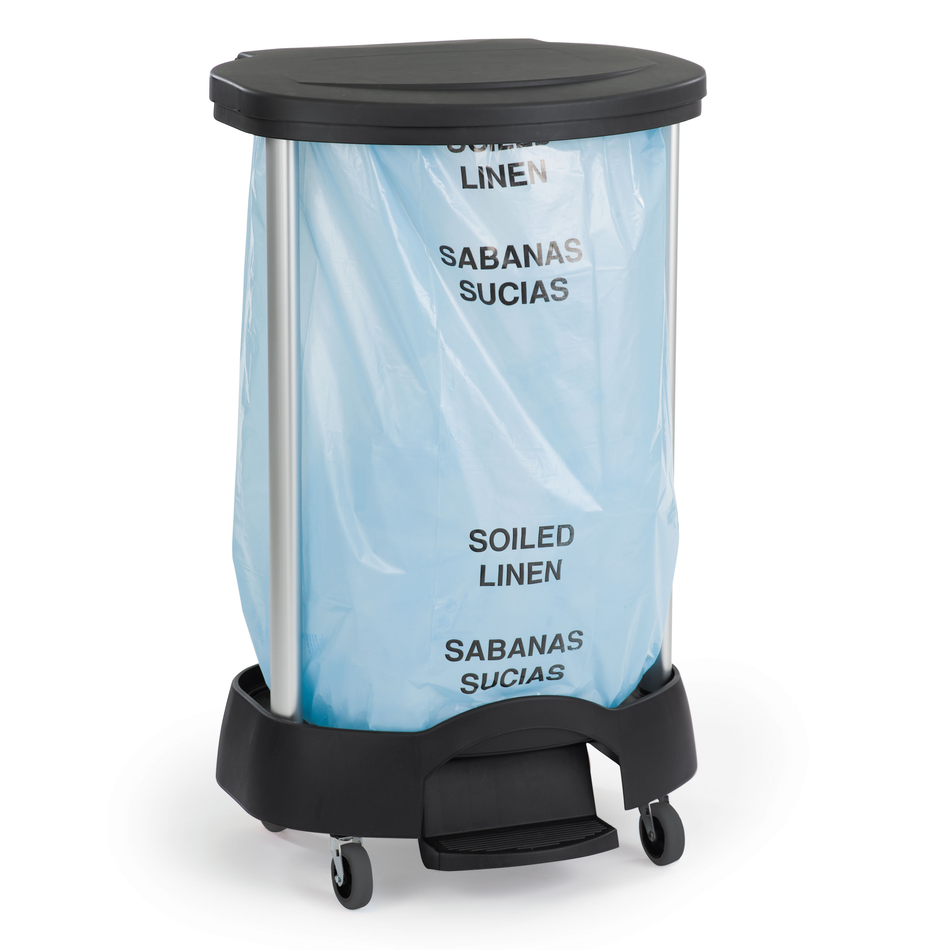 Il sacco per cesto della biancheria premium Rubbermaid Commercial a elevata capacità è la soluzione perfetta per spostare la biancheria sporca senza l'uso delle mani.