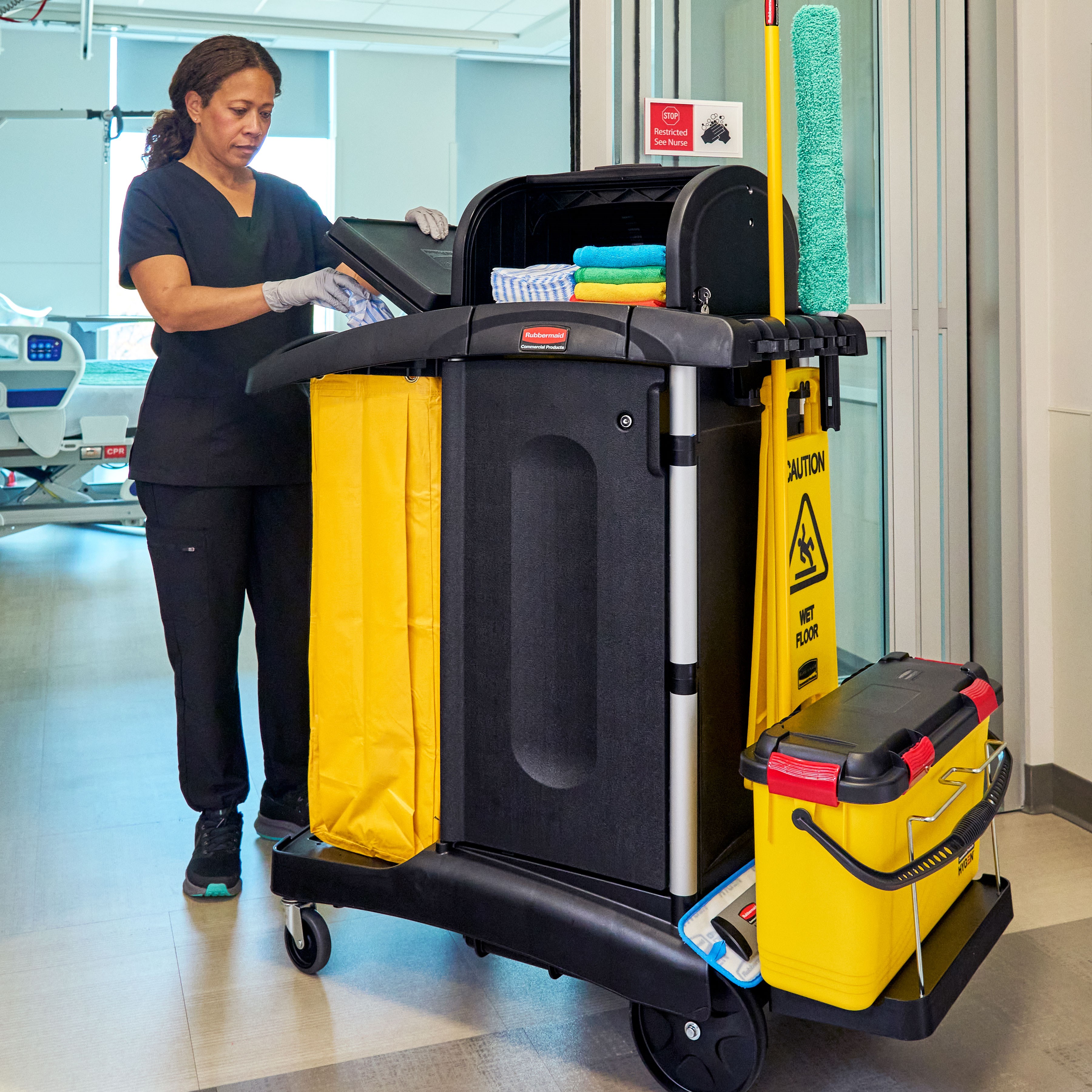 The High-Security Janitorial Cleaning Cart is a secure cart, featuring quiet casters and ball-bearing wheels along with a preassembled locking hood and doors.