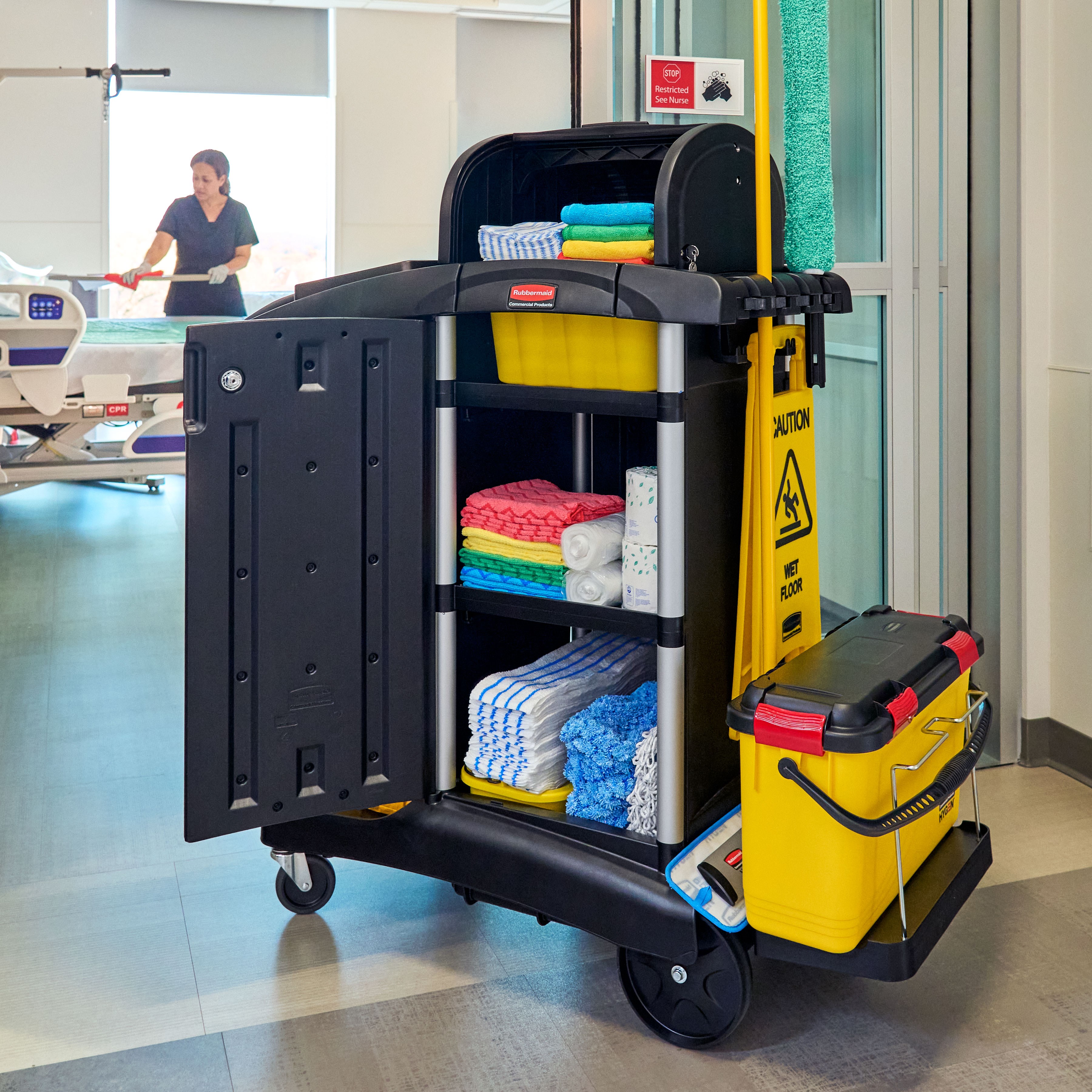 The High-Security Janitorial Cleaning Cart is a secure cart, featuring quiet casters and ball-bearing wheels along with a preassembled locking hood and doors.