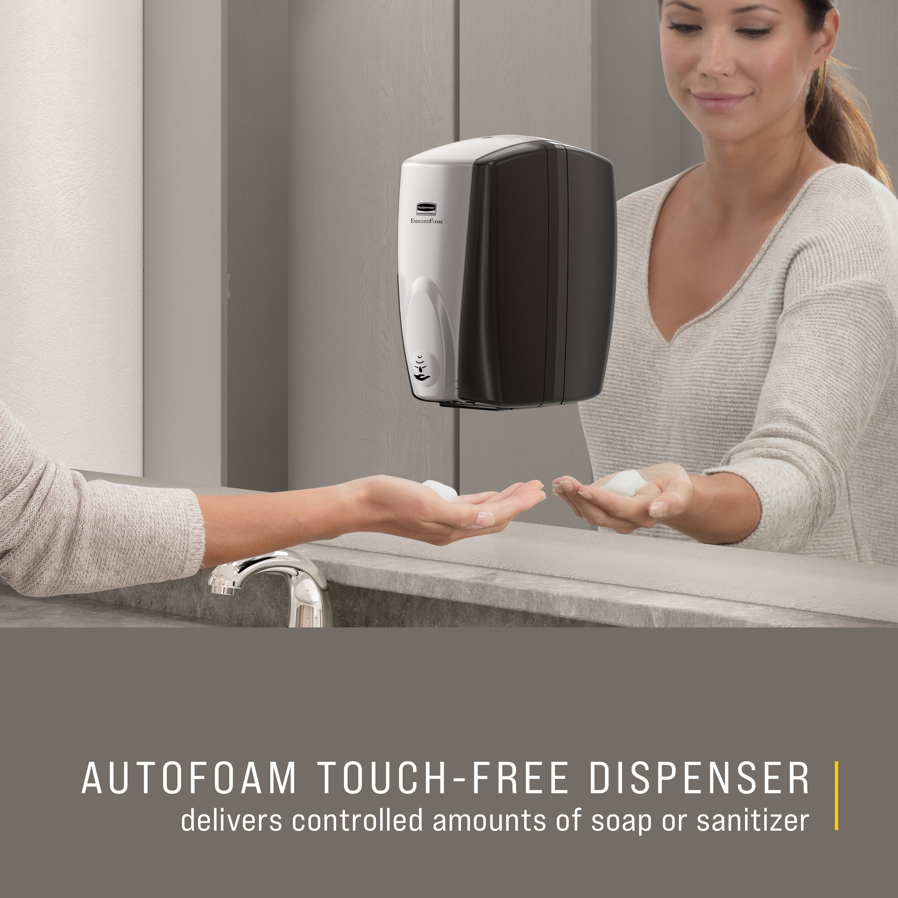 The AutoFoam Dispenser is a touch-free, wall-mounted system that dispenses controlled amounts of foam soap or sanitizer automatically to help prevent the spread of germs.