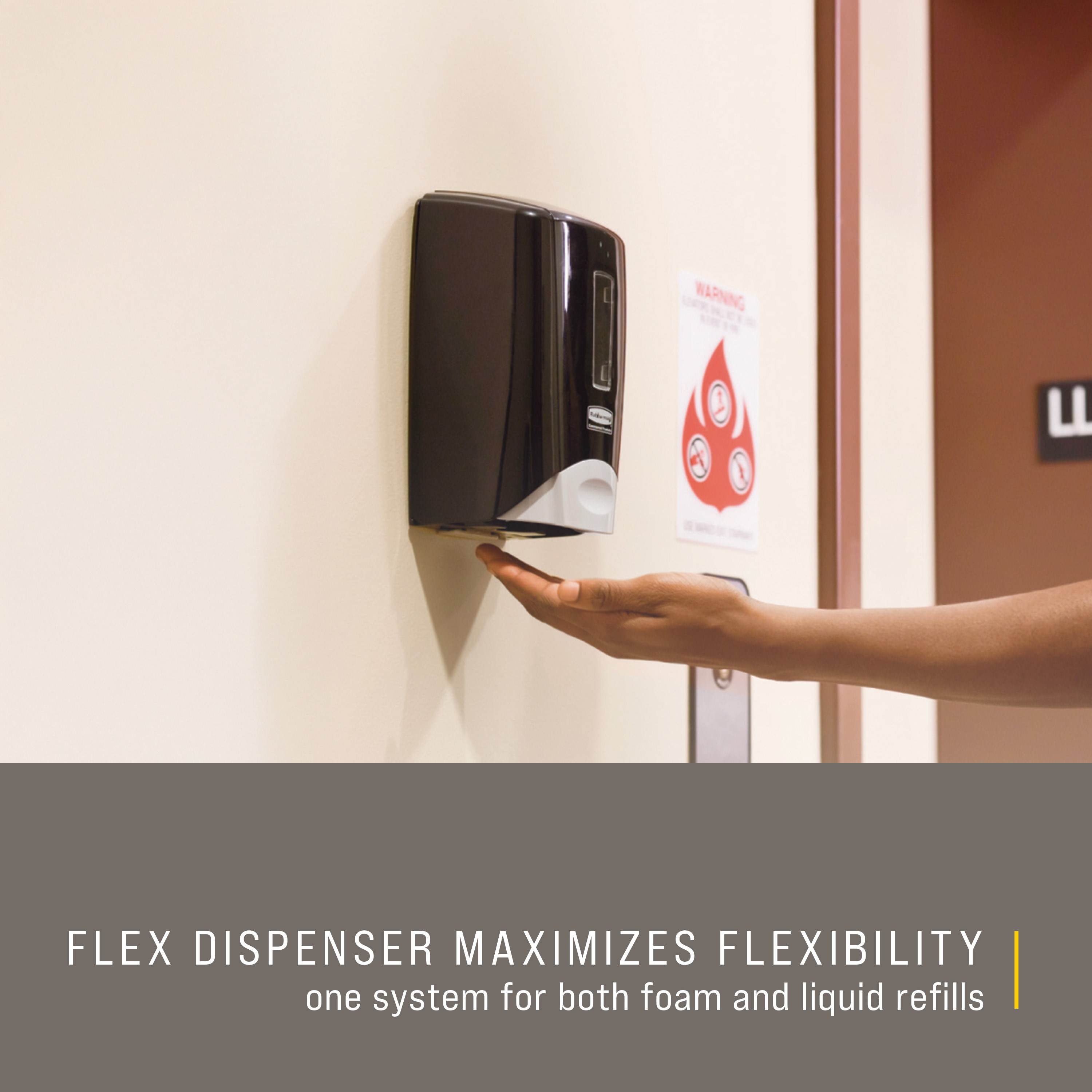 The FLex™ Dispenser is a manual wall-mounted system featuring a revolutionary design that increases your facility's efficiency by using two different soaps, liquid or foam, with the purchase of one single dispenser.