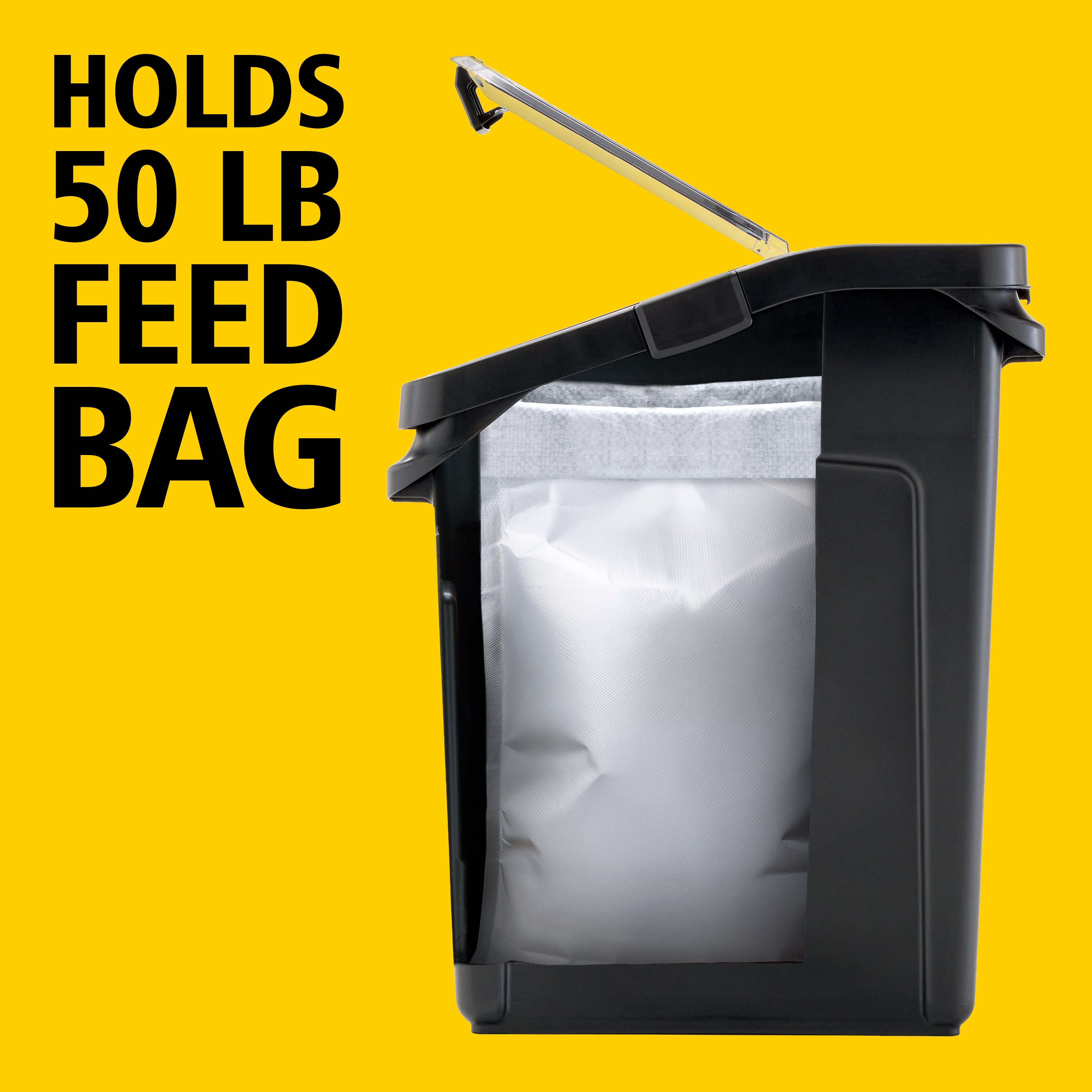 BRUTE®  Air-tight 50 lb Feed Storage Container is built to perform in tough farm environments. The feeder holds a standard 50 lb feed bag—to keep food fresher, whether in or out of the bag.