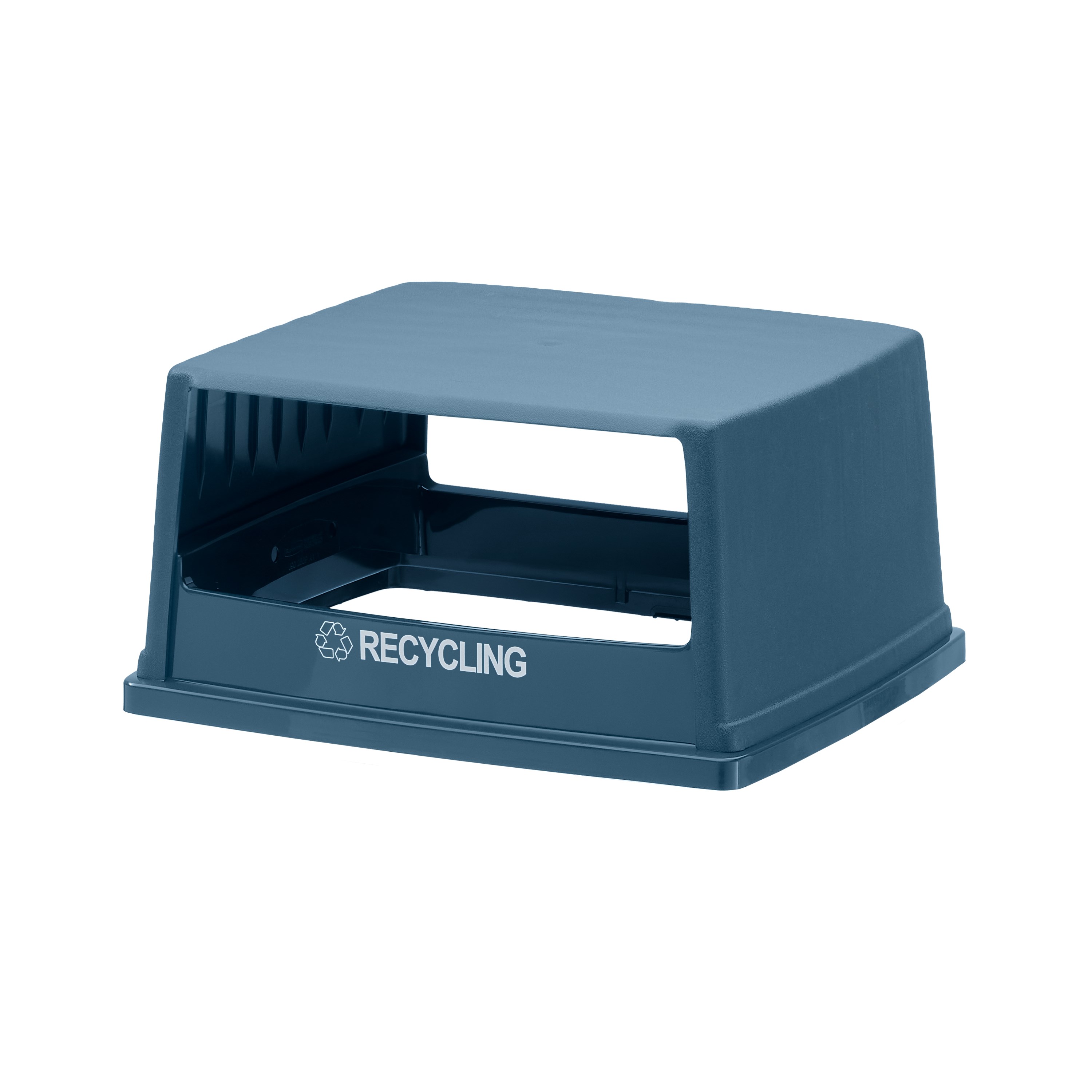 The Rubbermaid Commercial Products® Fulfill Hooded Recycling Top for 56 gallon containers features two large openings for hands-free recycling disposal.