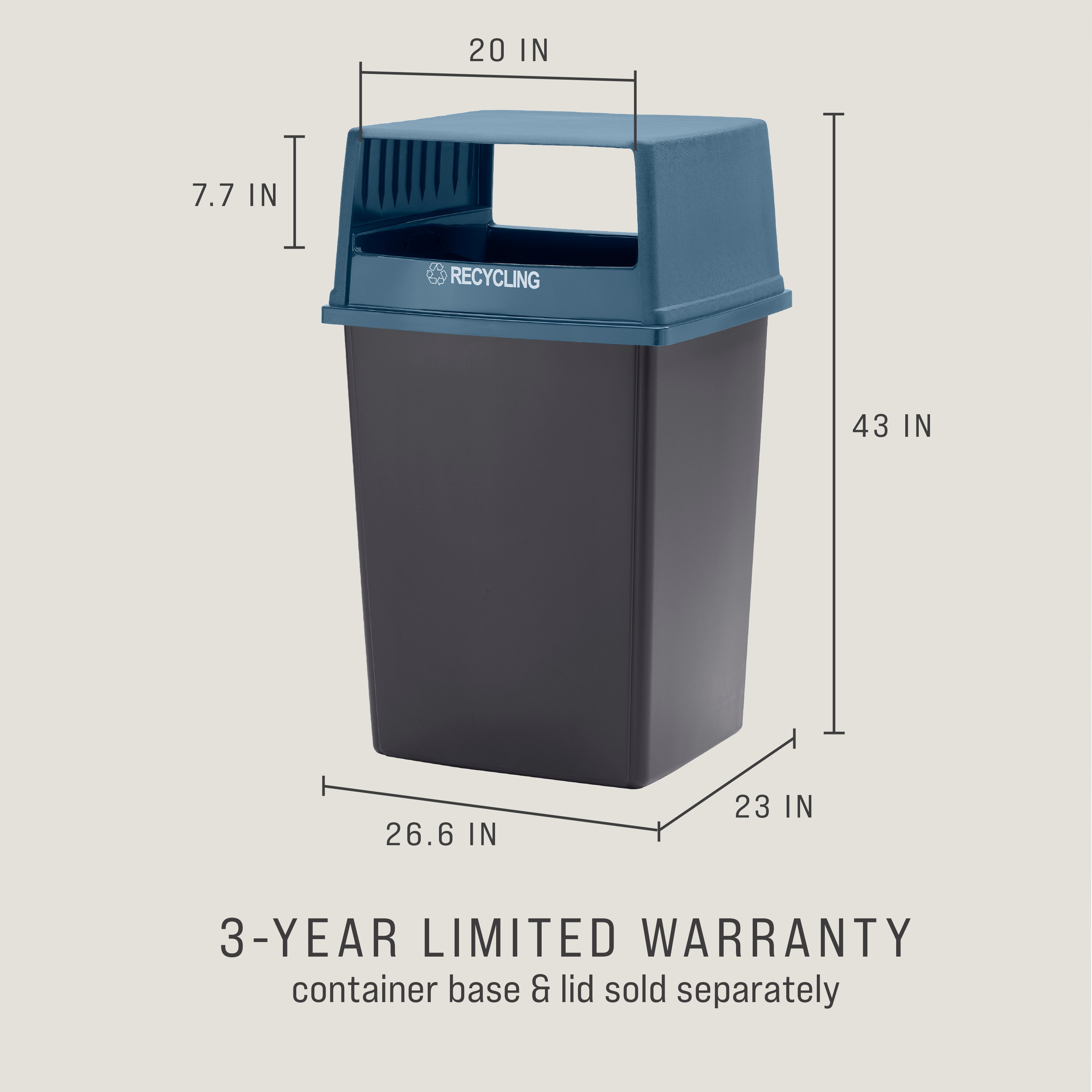 The Rubbermaid Commercial Products® Fulfill Hooded Recycling Top for 56 gallon containers features two large openings for hands-free recycling disposal.