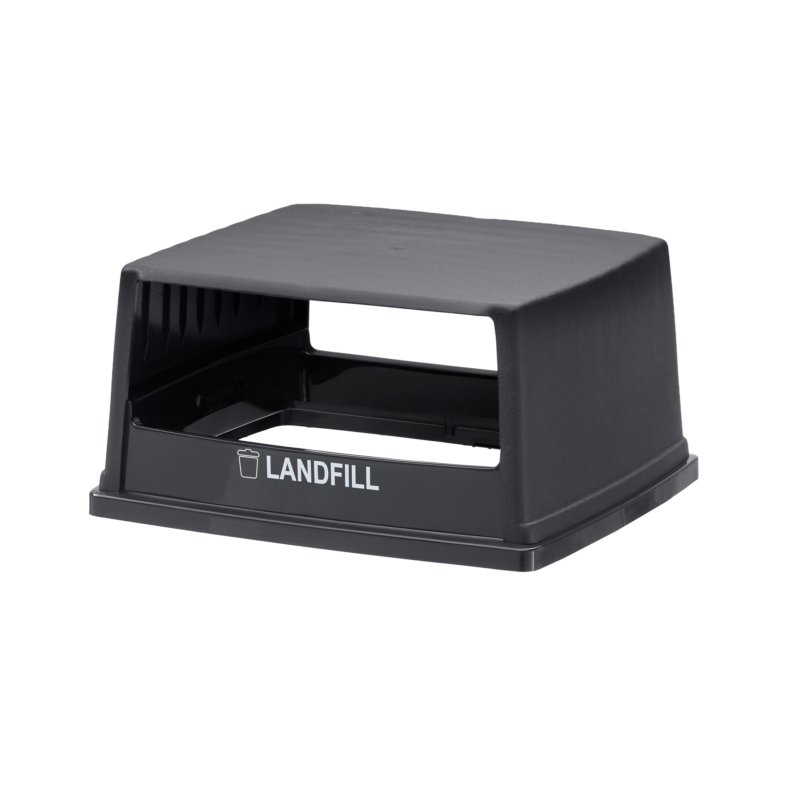 The Rubbermaid Commercial Products® Fulfill Hooded Landfill Top for 56 gallon containers features two large openings for hands-free landfill disposal. The updated walnut color blends seamlessly with a variety of spaces.