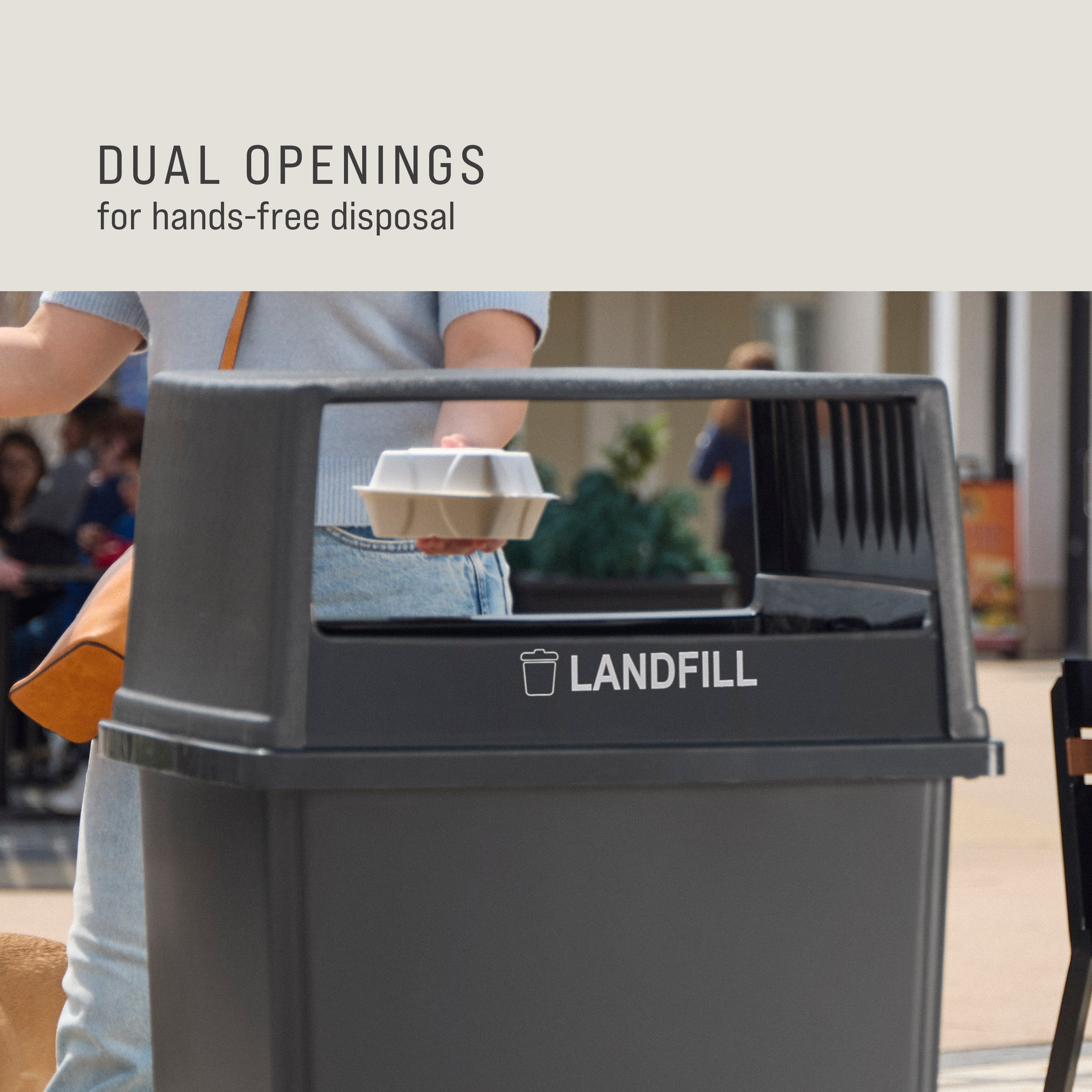 The Rubbermaid Commercial Products® Fulfill Hooded Landfill Top for 56 gallon containers features two large openings for hands-free landfill disposal. The updated walnut color blends seamlessly with a variety of spaces.