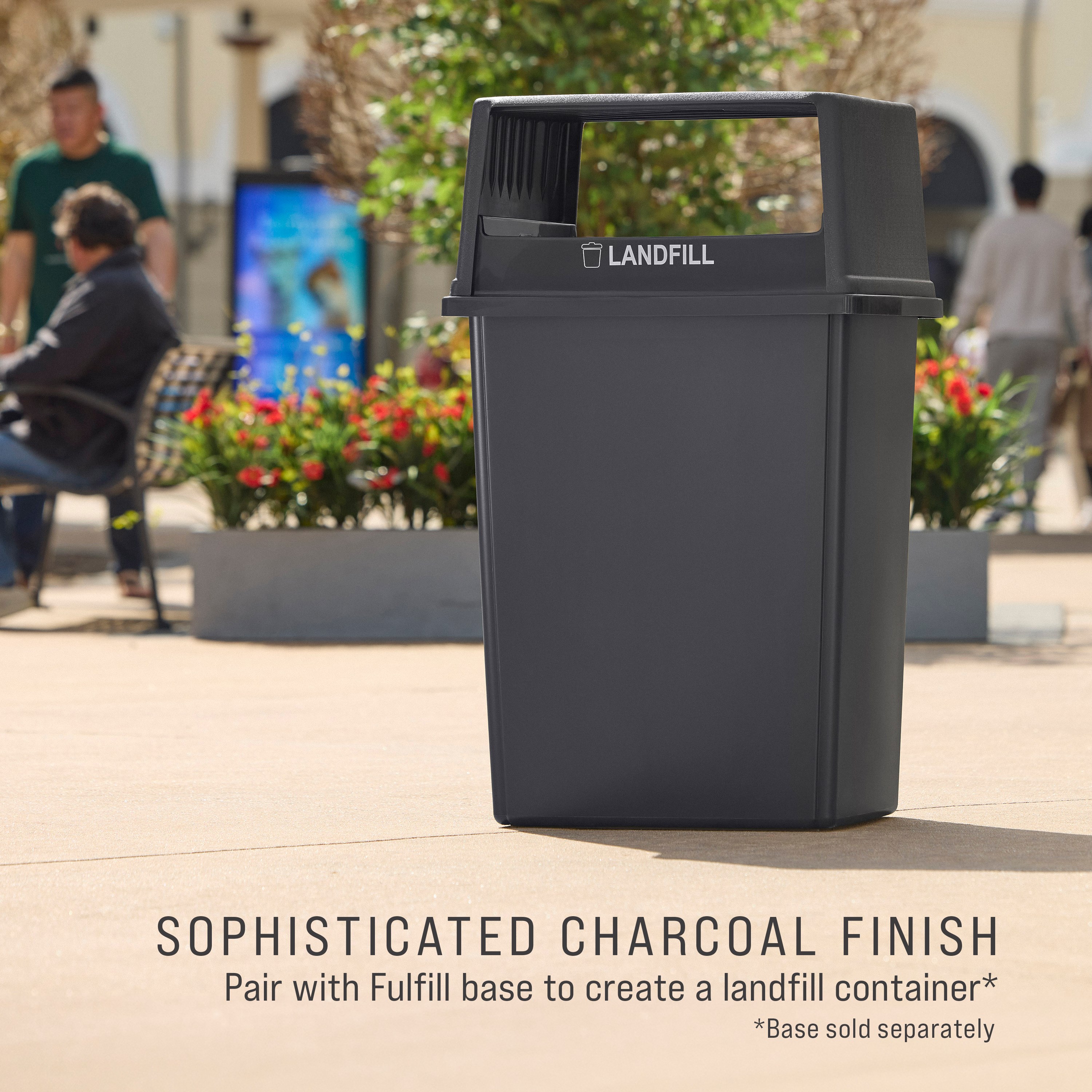 The Rubbermaid Commercial Products® Fulfill Hooded Landfill Top for 56 gallon containers features two large openings for hands-free landfill disposal. The updated walnut color blends seamlessly with a variety of spaces.