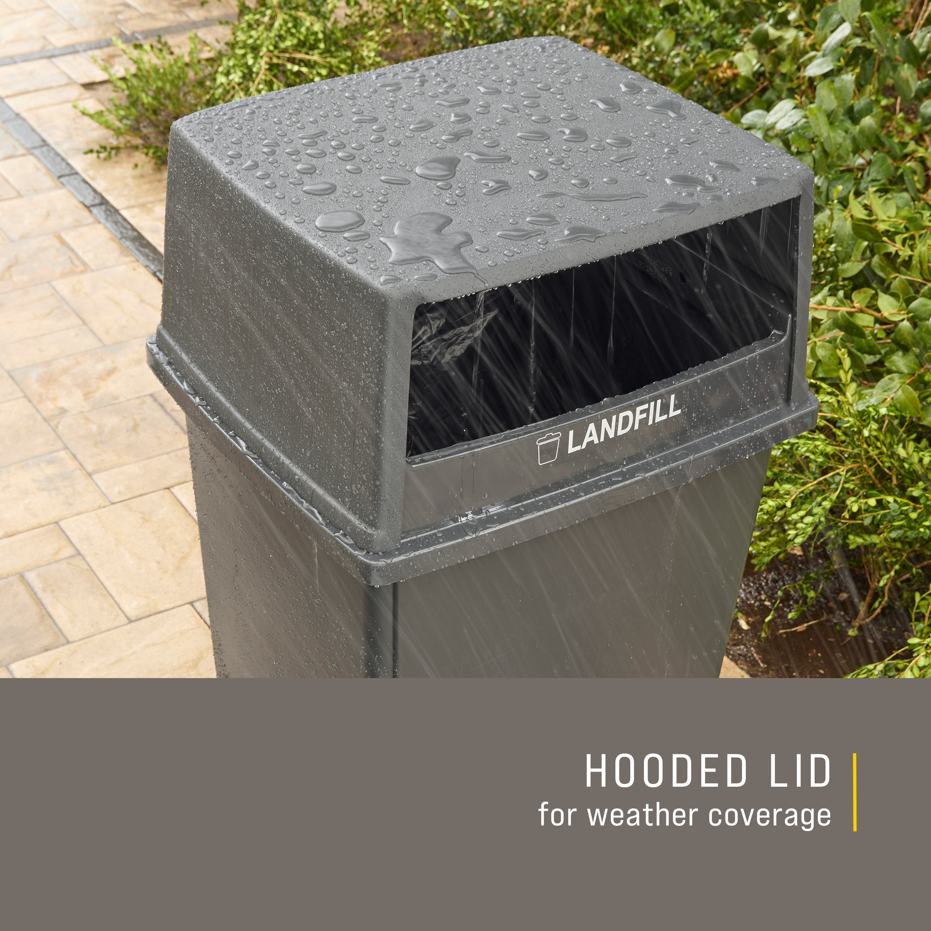 The Rubbermaid Commercial Products® Fulfill Hooded Landfill Top for 56 gallon containers features two large openings for hands-free landfill disposal. The updated walnut color blends seamlessly with a variety of spaces.