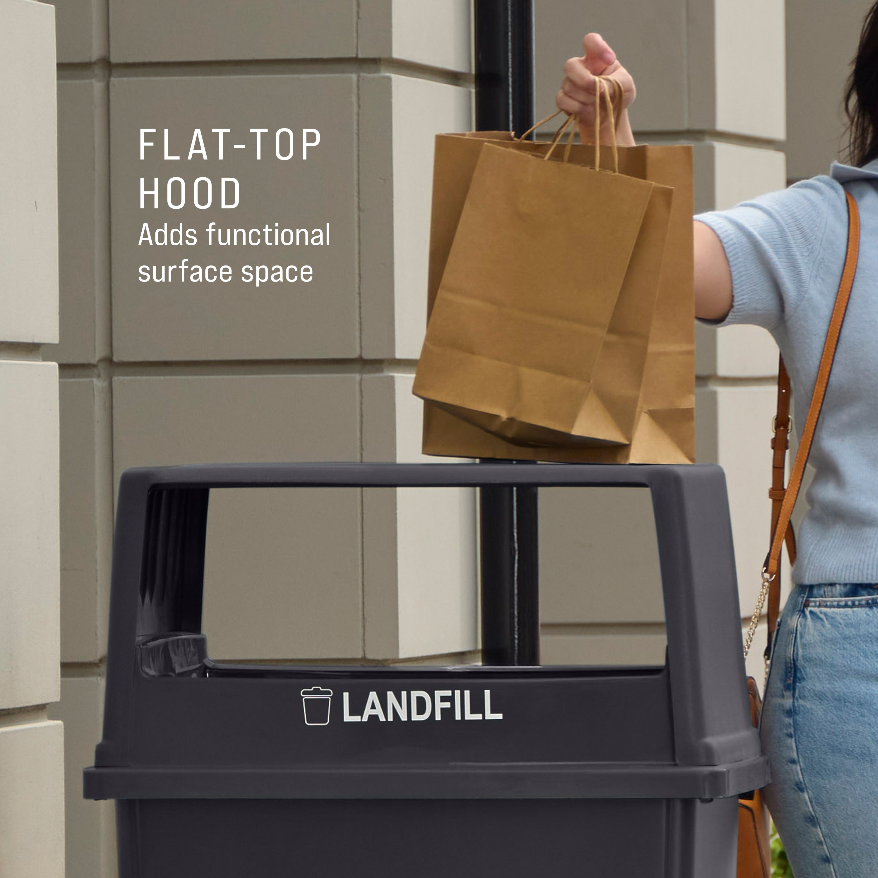 The Rubbermaid Commercial Products® Fulfill Hooded Landfill Top for 56 gallon containers features two large openings for hands-free landfill disposal. The updated walnut color blends seamlessly with a variety of spaces.