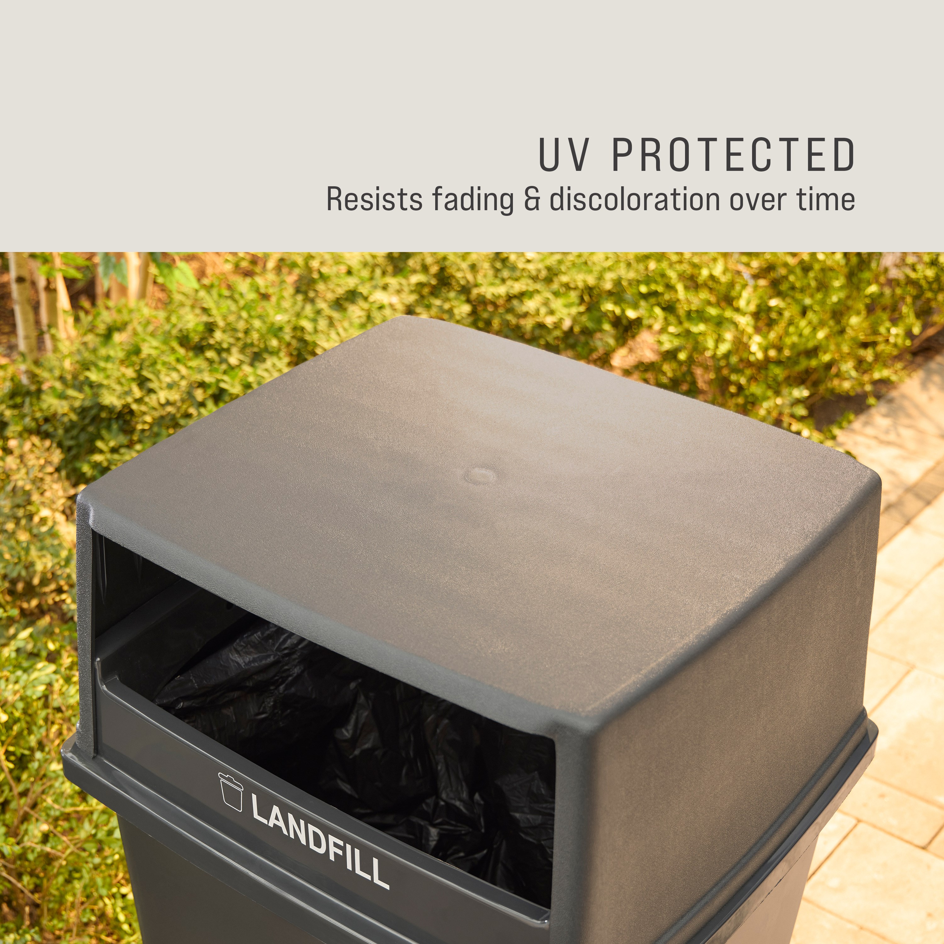 The Rubbermaid Commercial Products® Fulfill Hooded Landfill Top for 56 gallon containers features two large openings for hands-free landfill disposal. The updated walnut color blends seamlessly with a variety of spaces.