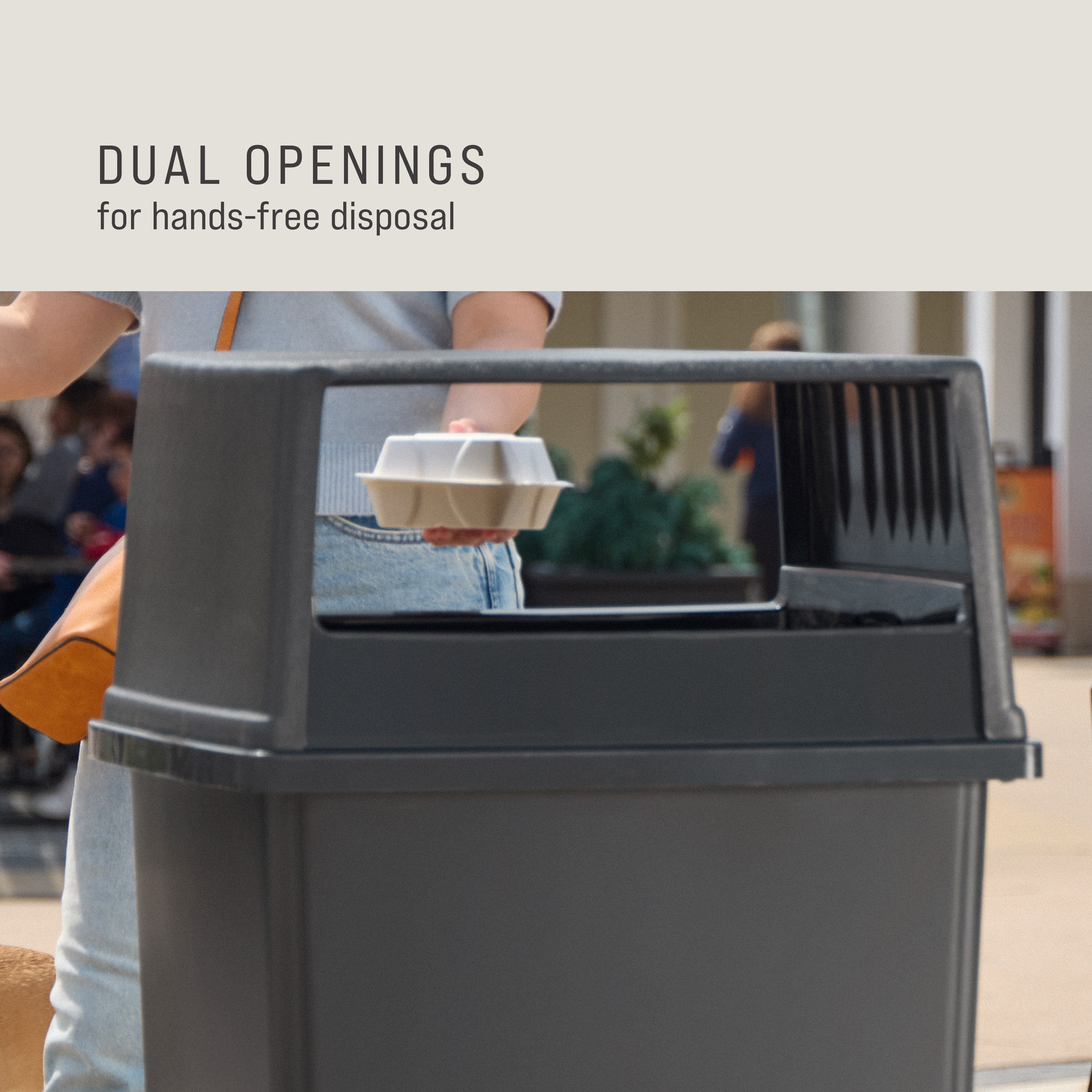 The Rubbermaid Commercial Products® Fulfill Hooded Top for 56 gallon containers features two large openings for hands-free landfill disposal. The new charcoal color blends seamlessly with a variety of spaces.