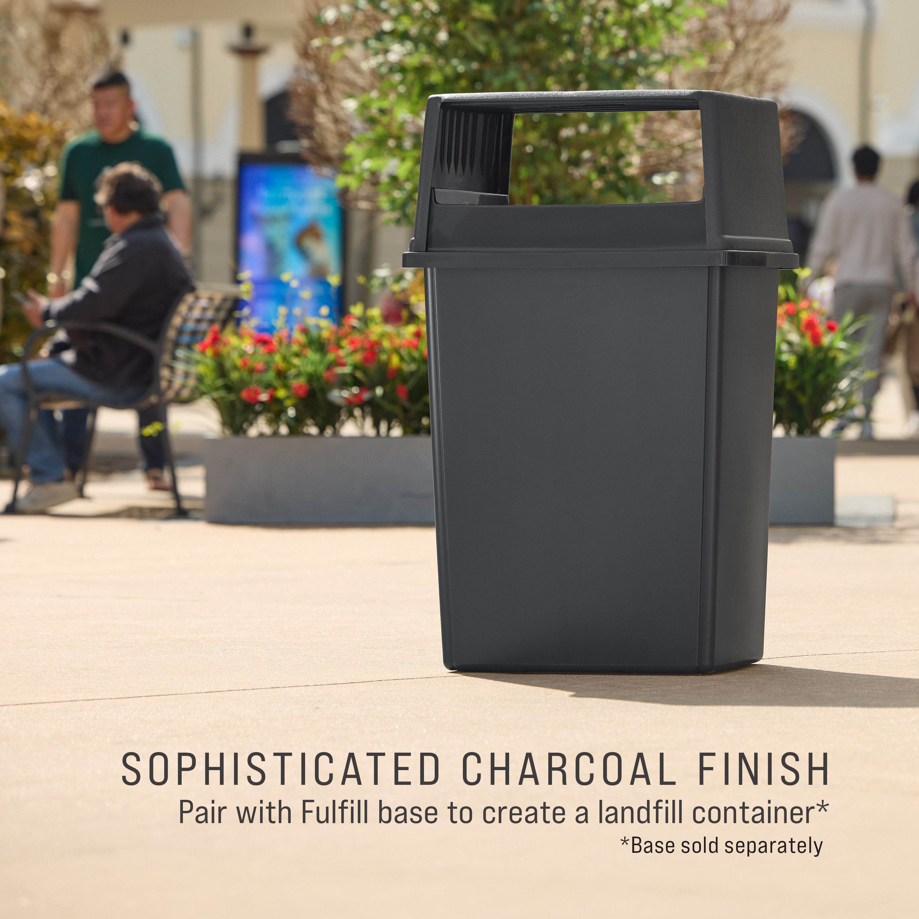 The Rubbermaid Commercial Products® Fulfill Hooded Top for 56 gallon containers features two large openings for hands-free landfill disposal. The new charcoal color blends seamlessly with a variety of spaces.