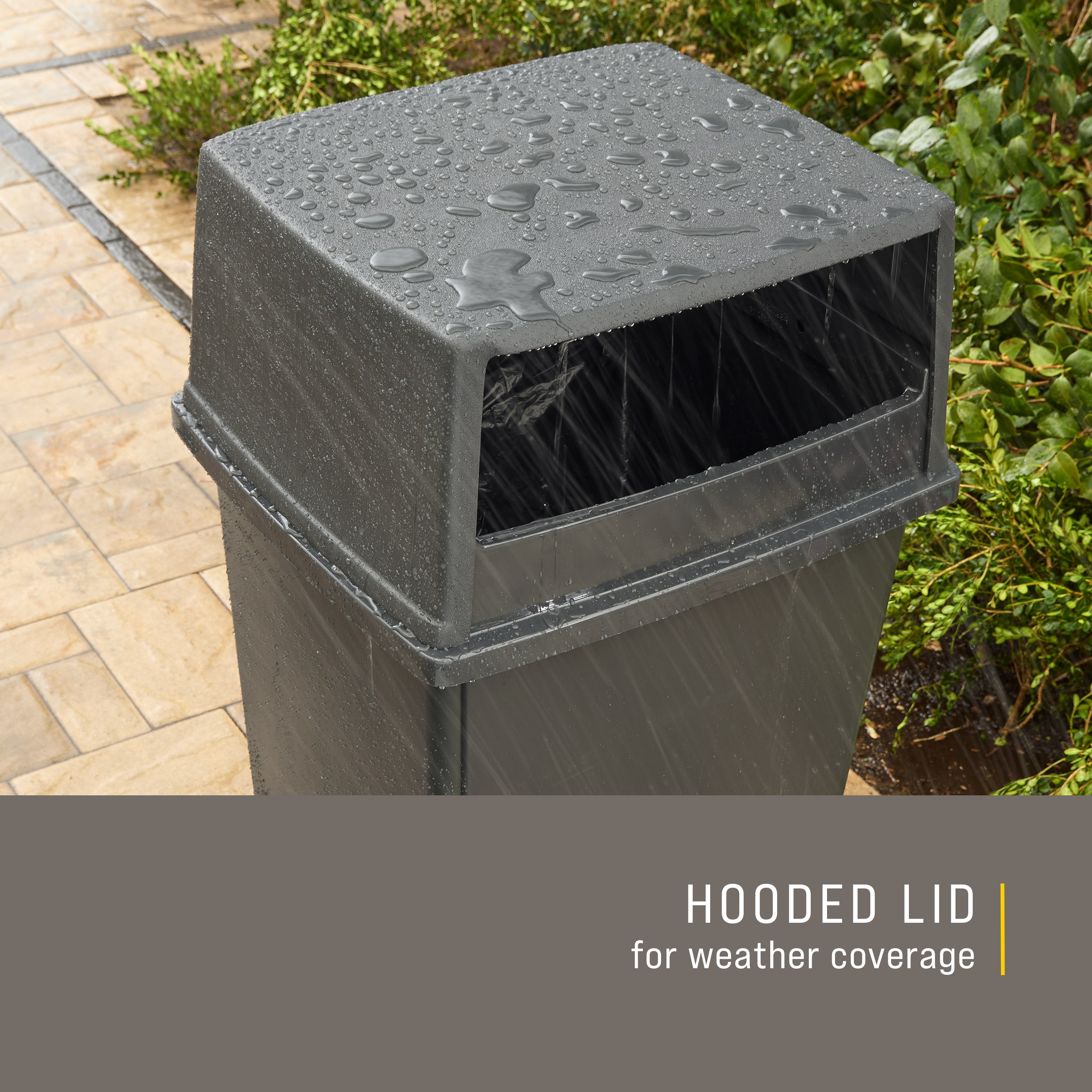 The Rubbermaid Commercial Products® Fulfill Hooded Top for 56 gallon containers features two large openings for hands-free landfill disposal. The new charcoal color blends seamlessly with a variety of spaces.
