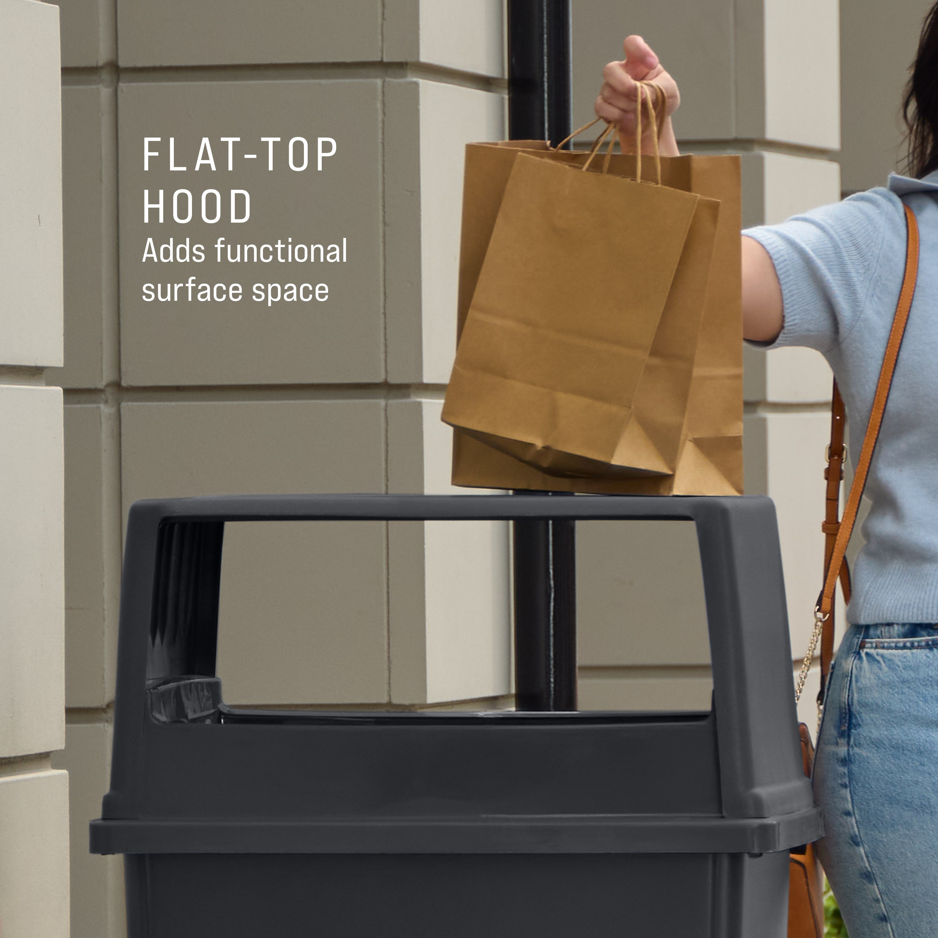 The Rubbermaid Commercial Products® Fulfill Hooded Top for 56 gallon containers features two large openings for hands-free landfill disposal. The new charcoal color blends seamlessly with a variety of spaces.