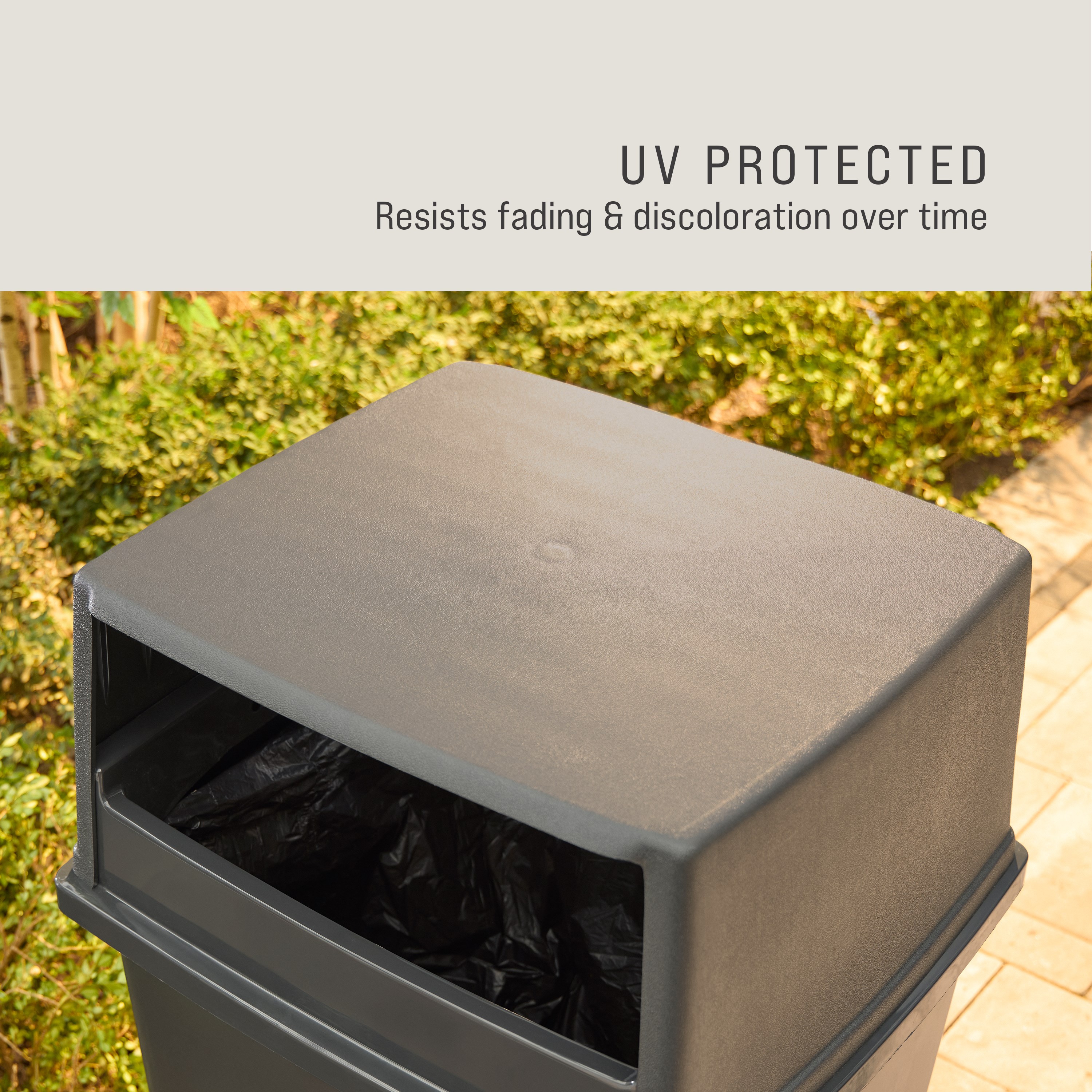 The Rubbermaid Commercial Products® Fulfill Hooded Top for 56 gallon containers features two large openings for hands-free landfill disposal. The new charcoal color blends seamlessly with a variety of spaces.