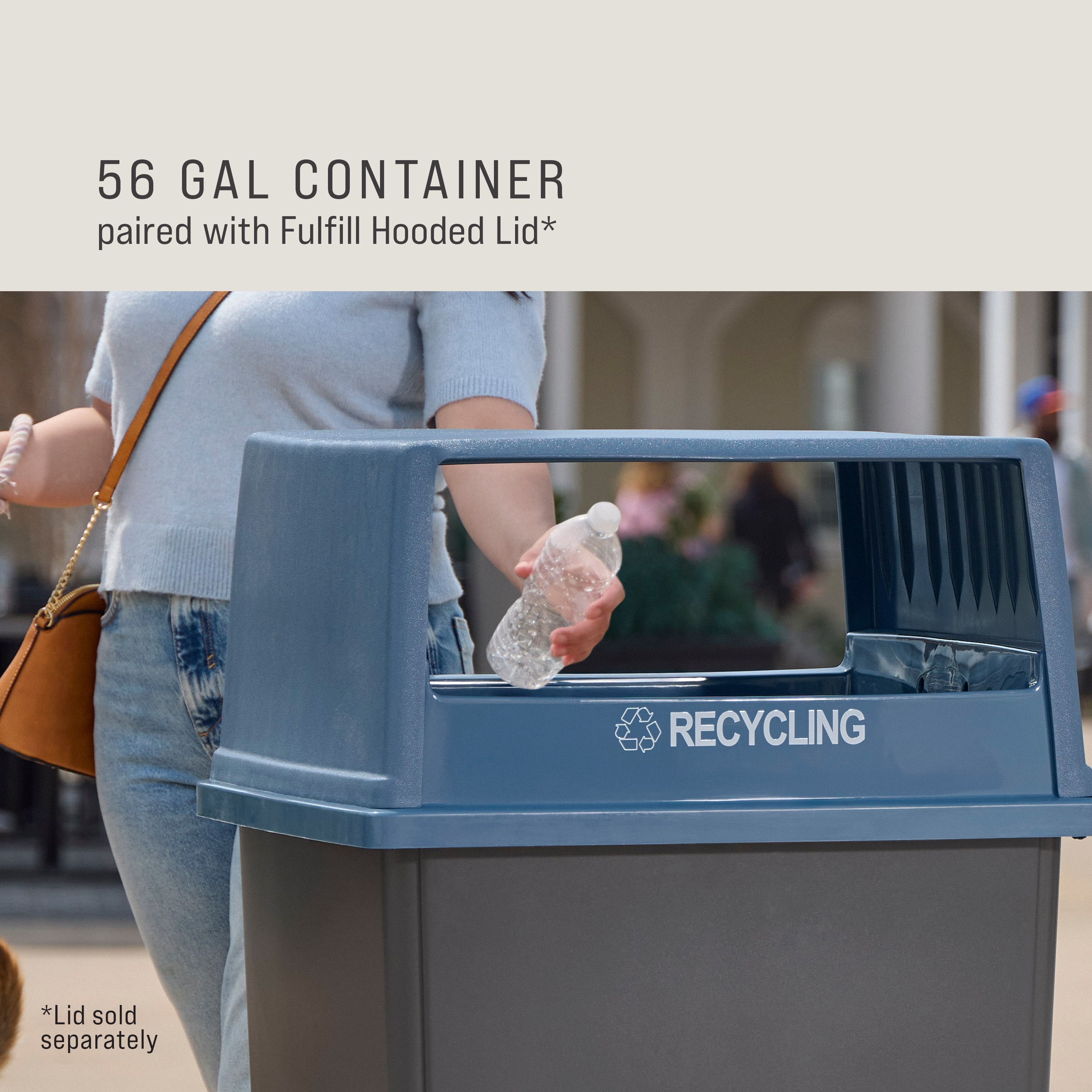 The Fulfill 56-Gallon Trash Can is built to withstand harsh weather and heavy use and delivers high-capacity waste collection for indoor and outdoors spaces, including stadiums, parks, malls, and campuses.