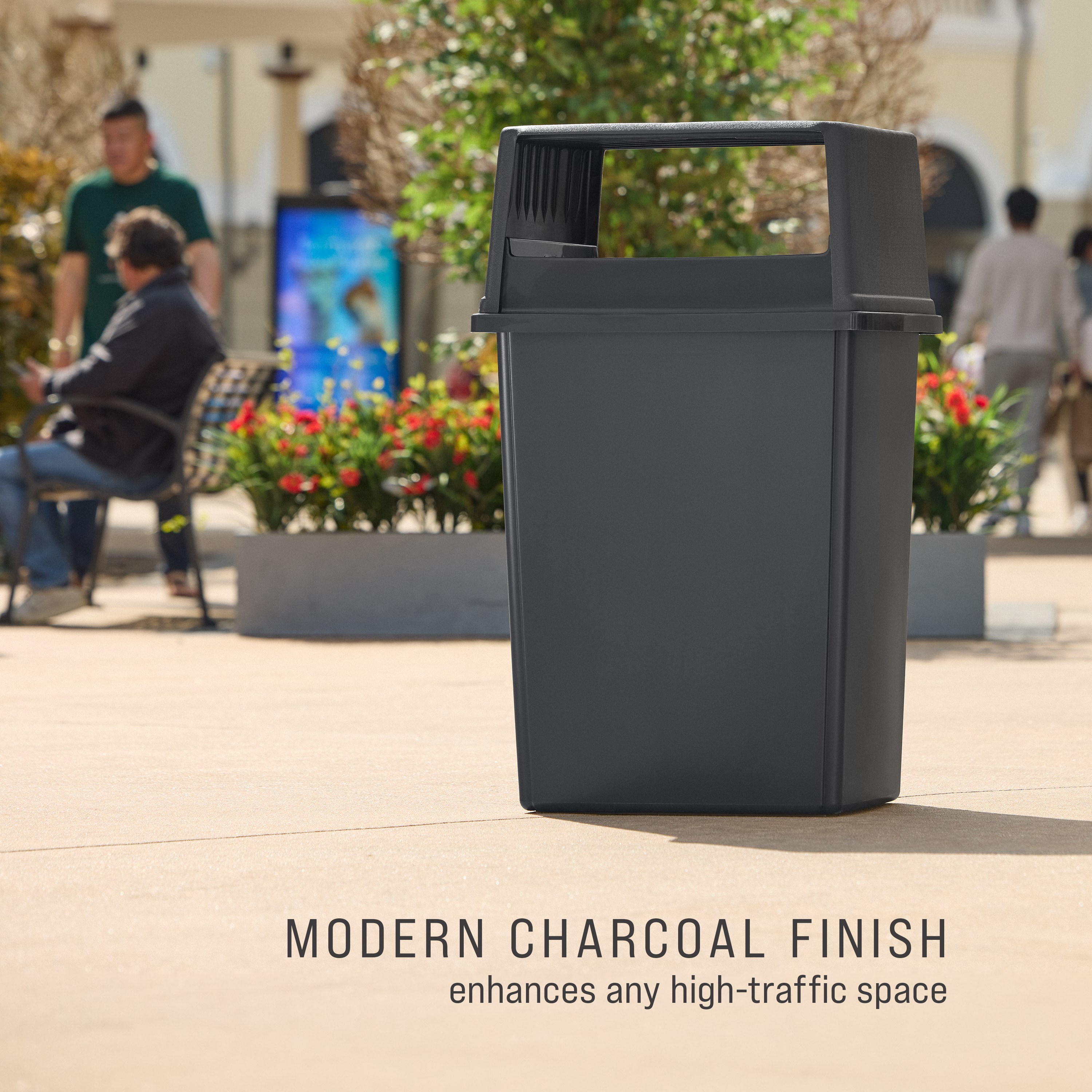 The Fulfill 56-Gallon Trash Can is built to withstand harsh weather and heavy use and delivers high-capacity waste collection for indoor and outdoors spaces, including stadiums, parks, malls, and campuses.