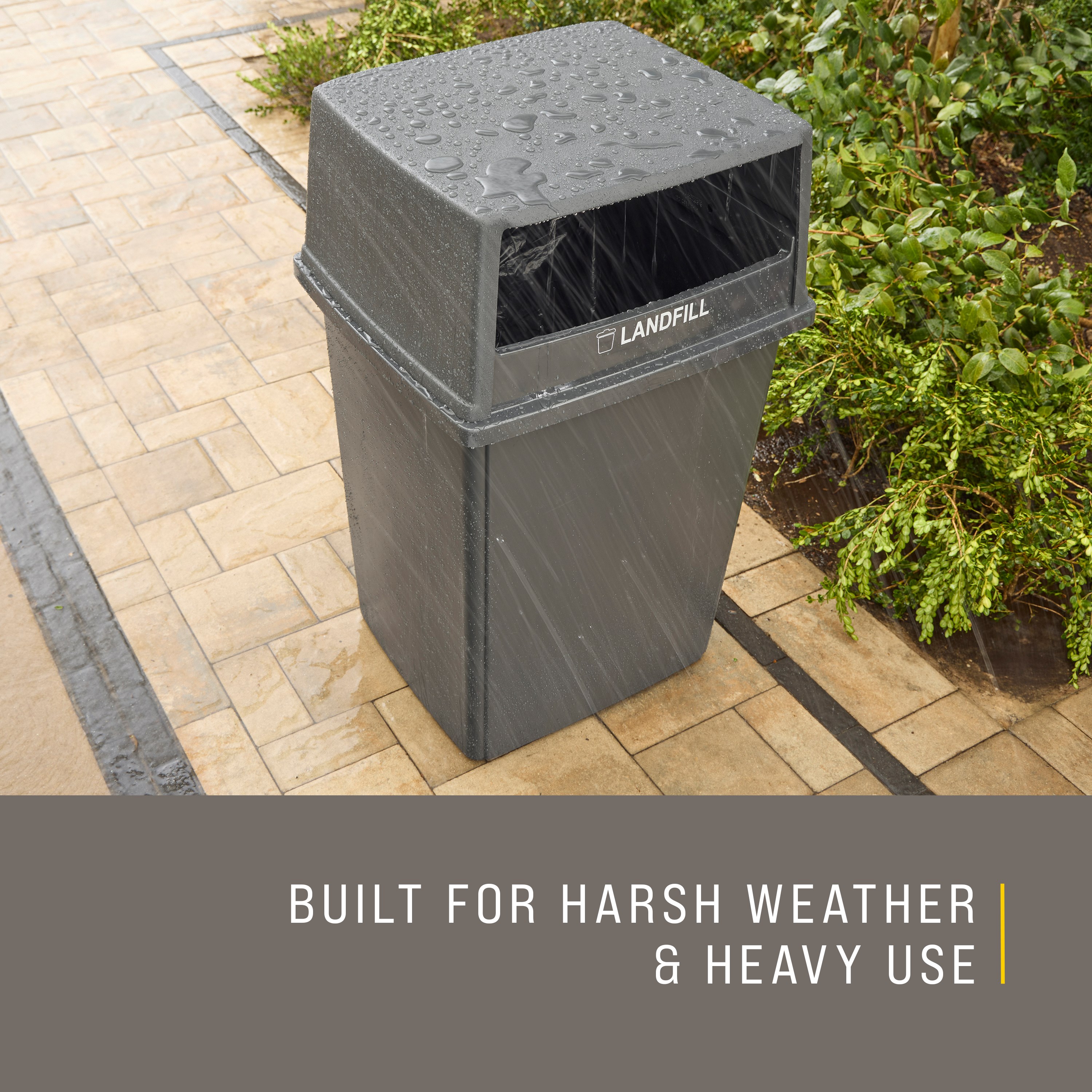 The Fulfill 56-Gallon Trash Can is built to withstand harsh weather and heavy use and delivers high-capacity waste collection for indoor and outdoors spaces, including stadiums, parks, malls, and campuses.