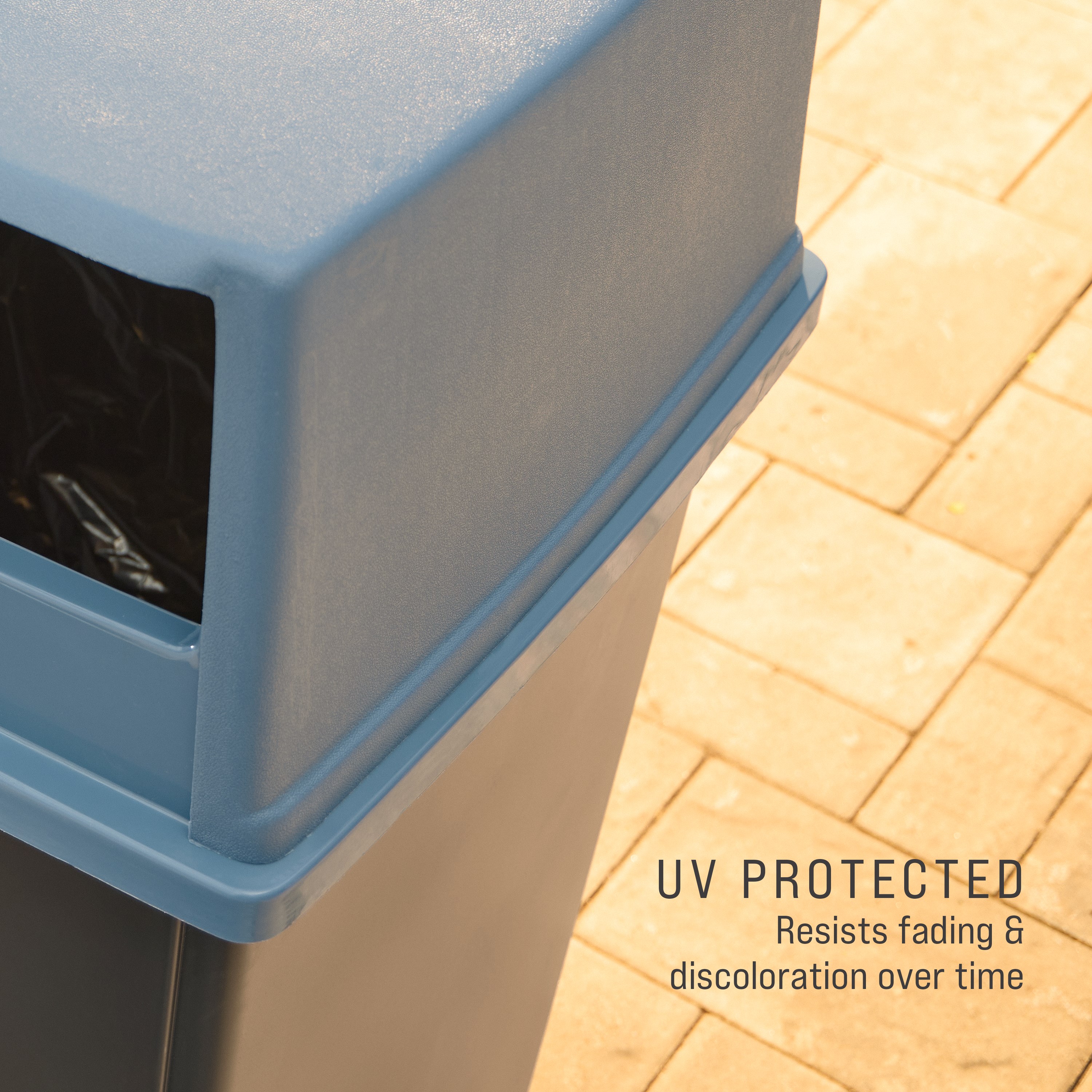 The Fulfill 56-Gallon Trash Can is built to withstand harsh weather and heavy use and delivers high-capacity waste collection for indoor and outdoors spaces, including stadiums, parks, malls, and campuses.