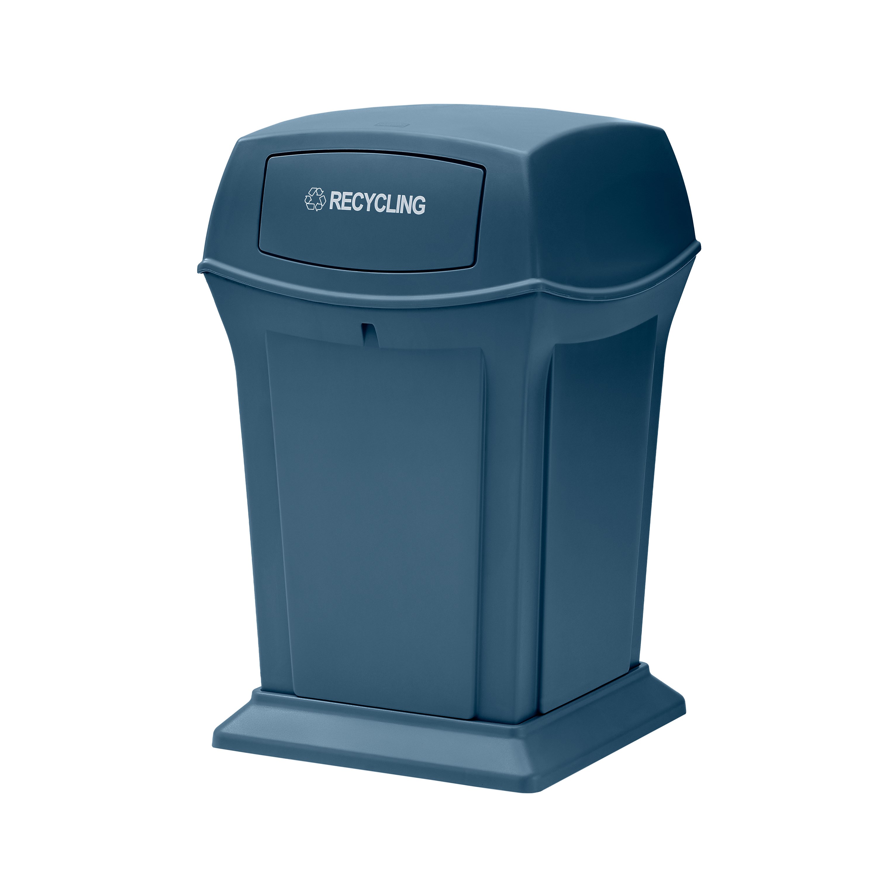 The Rubbermaid Commercial Products® Ranger® 45-Gallon Recycling Container features dual-hinged doors that conceal waste and help control odors in public-facing spaces. The new soft slate blue recycling color allows for a high capacity waste management solution.