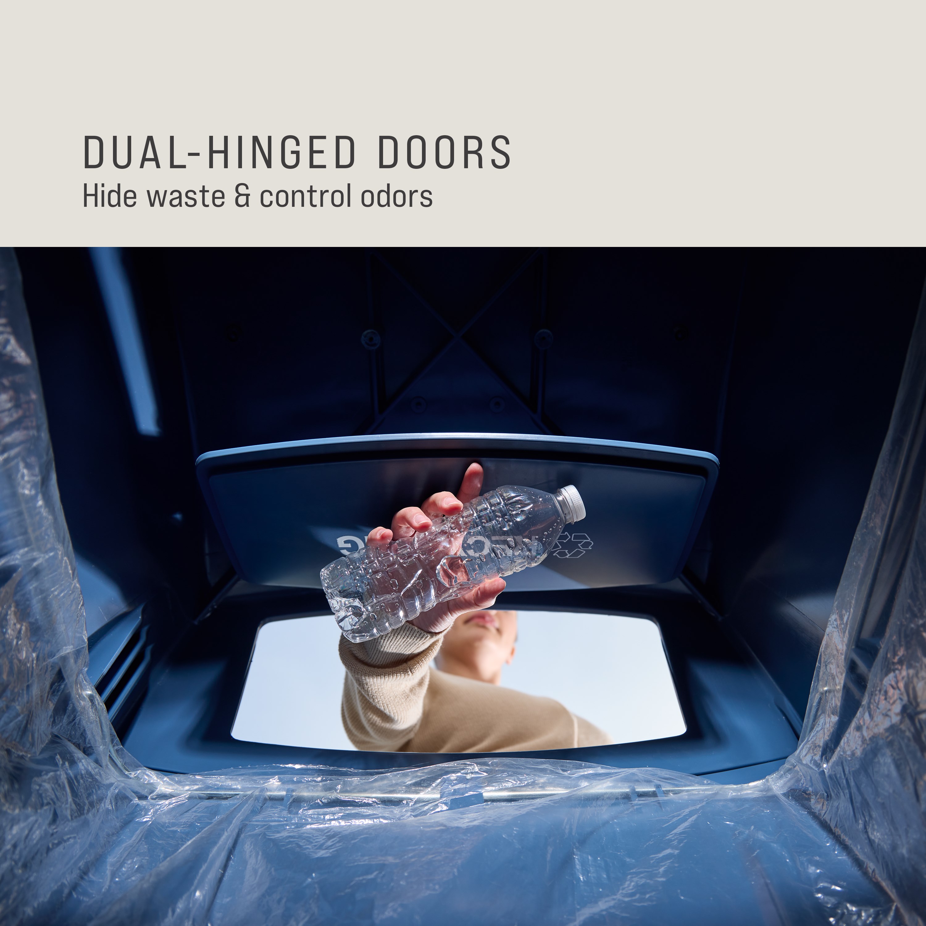 The Rubbermaid Commercial Products® Ranger® 45-Gallon Recycling Container features dual-hinged doors that conceal waste and help control odors in public-facing spaces. The new soft slate blue recycling color allows for a high capacity waste management solution.