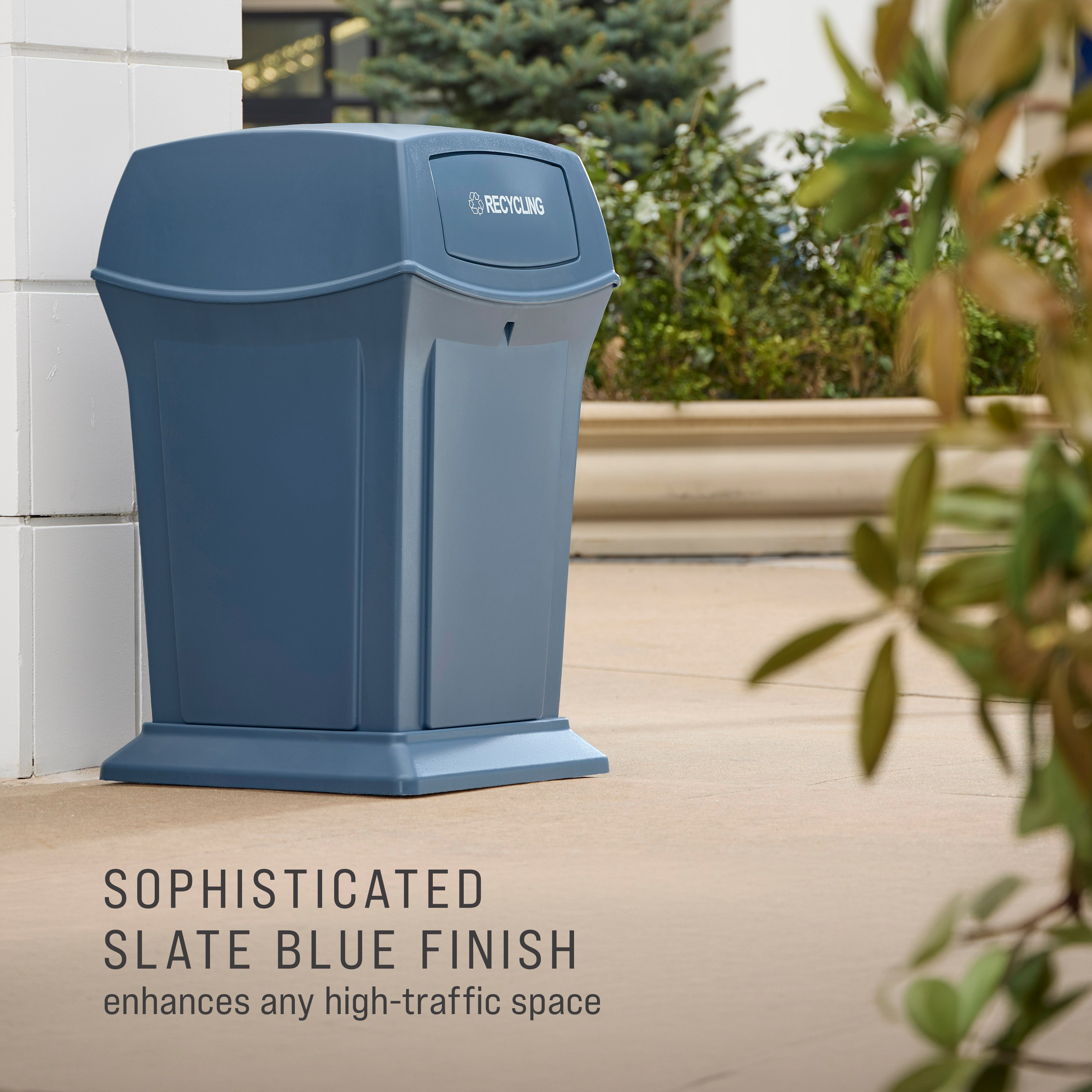 The Rubbermaid Commercial Products® Ranger® 45-Gallon Recycling Container features dual-hinged doors that conceal waste and help control odors in public-facing spaces. The new soft slate blue recycling color allows for a high capacity waste management solution.