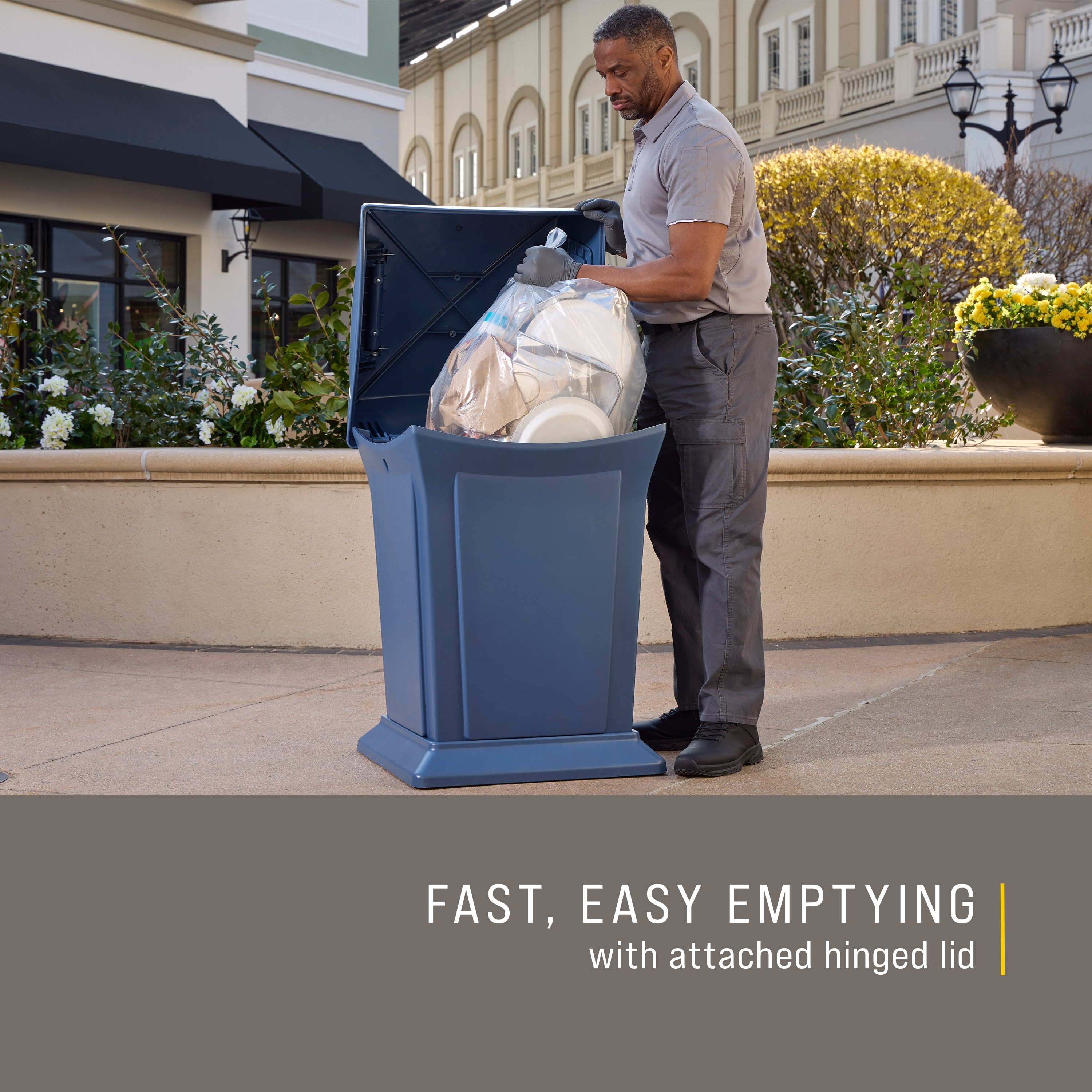 The Rubbermaid Commercial Products® Ranger® 45-Gallon Recycling Container features dual-hinged doors that conceal waste and help control odors in public-facing spaces. The new soft slate blue recycling color allows for a high capacity waste management solution.