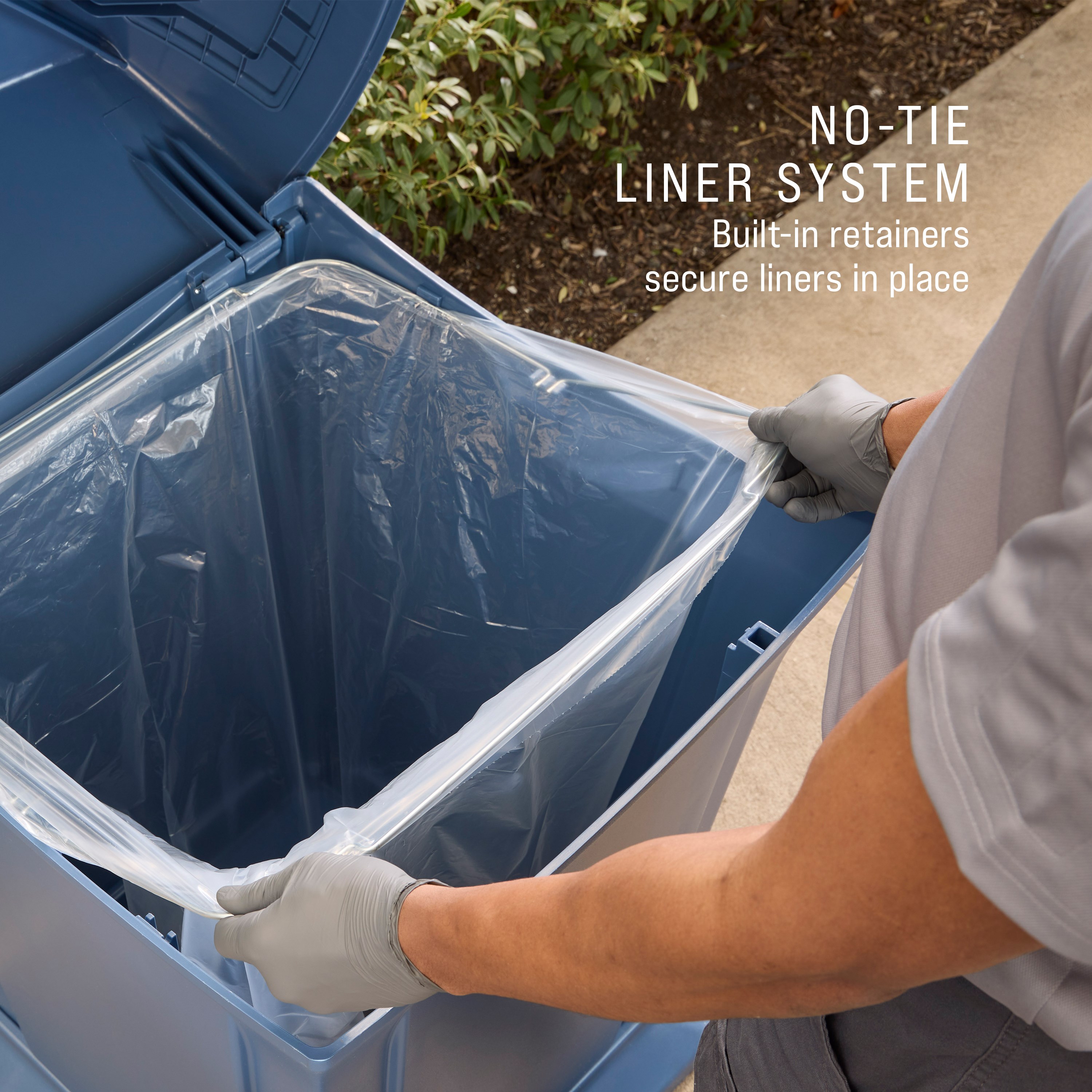 The Rubbermaid Commercial Products® Ranger® 45-Gallon Recycling Container features dual-hinged doors that conceal waste and help control odors in public-facing spaces. The new soft slate blue recycling color allows for a high capacity waste management solution.