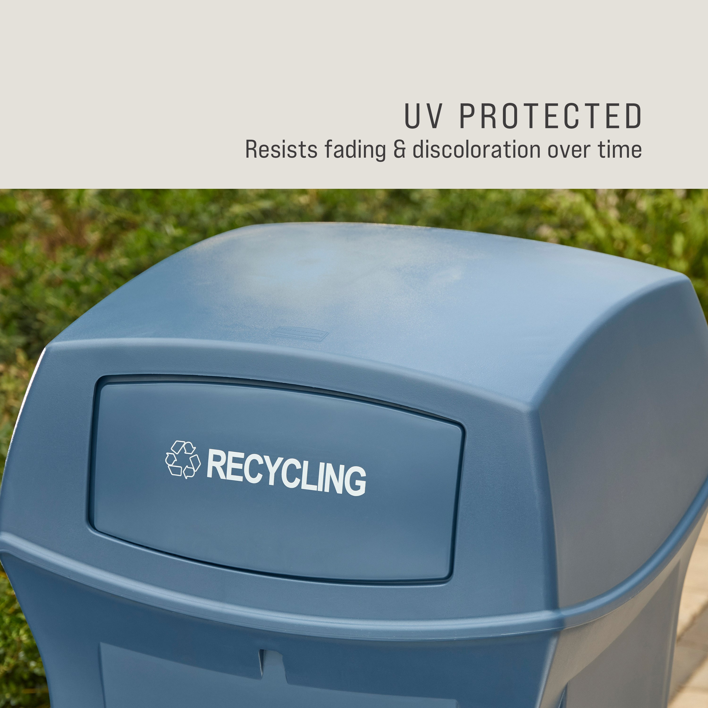 The Rubbermaid Commercial Products® Ranger® 45-Gallon Recycling Container features dual-hinged doors that conceal waste and help control odors in public-facing spaces. The new soft slate blue recycling color allows for a high capacity waste management solution.