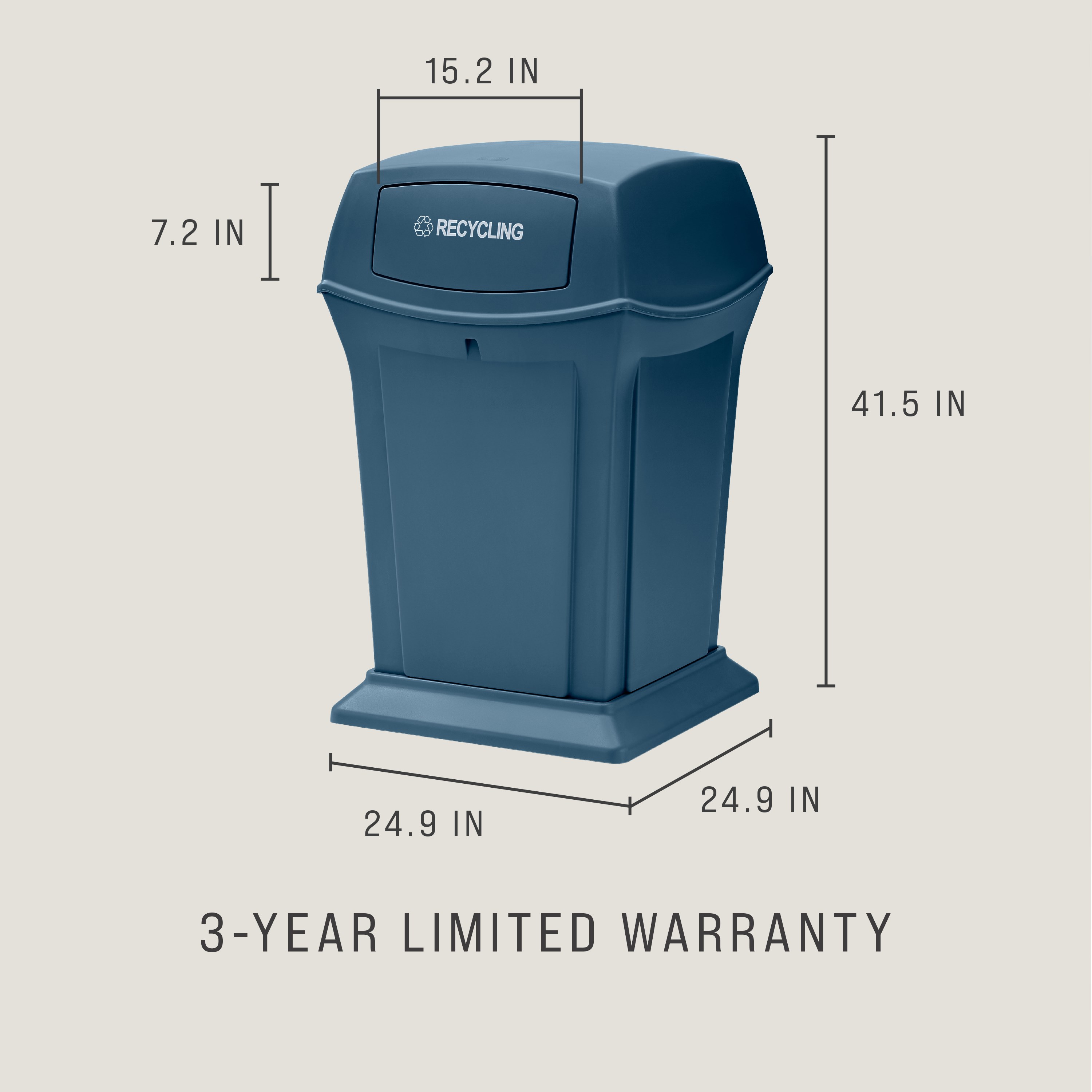 The Rubbermaid Commercial Products® Ranger® 45-Gallon Recycling Container features dual-hinged doors that conceal waste and help control odors in public-facing spaces. The new soft slate blue recycling color allows for a high capacity waste management solution.