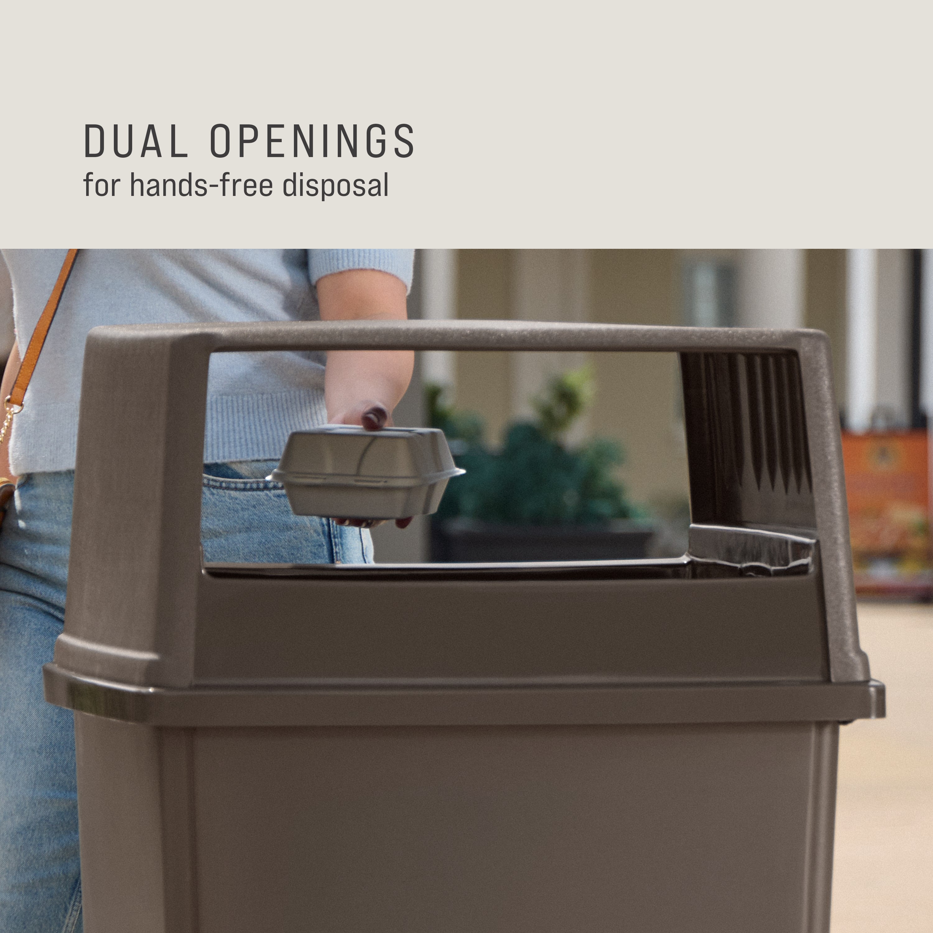 The Rubbermaid Commercial Products® Fulfill Hooded Landfill Top for 56 gallon containers features two large openings for hands-free landfill disposal. The updated walnut color blends seamlessly with a variety of spaces.