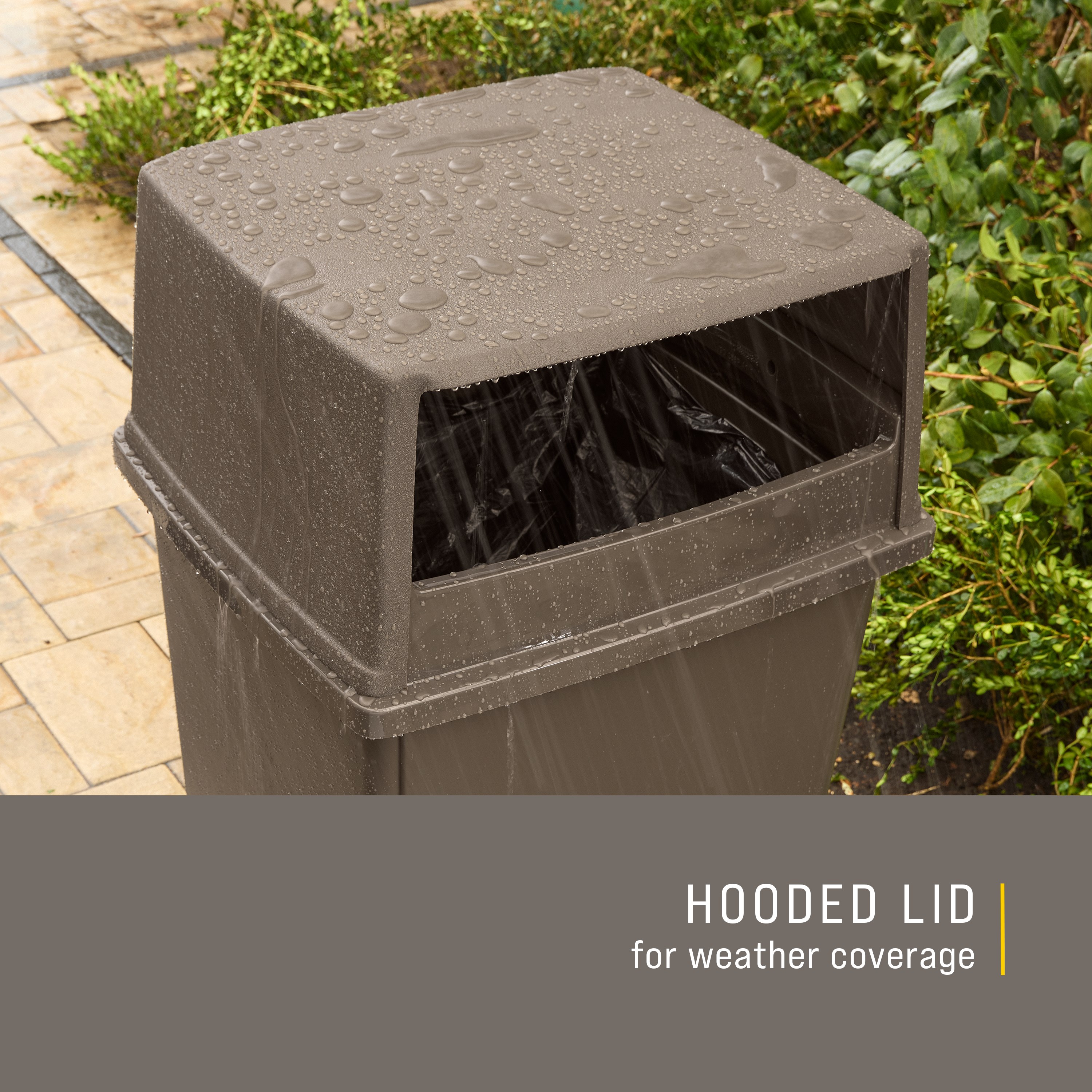 The Rubbermaid Commercial Products® Fulfill Hooded Landfill Top for 56 gallon containers features two large openings for hands-free landfill disposal. The updated walnut color blends seamlessly with a variety of spaces.