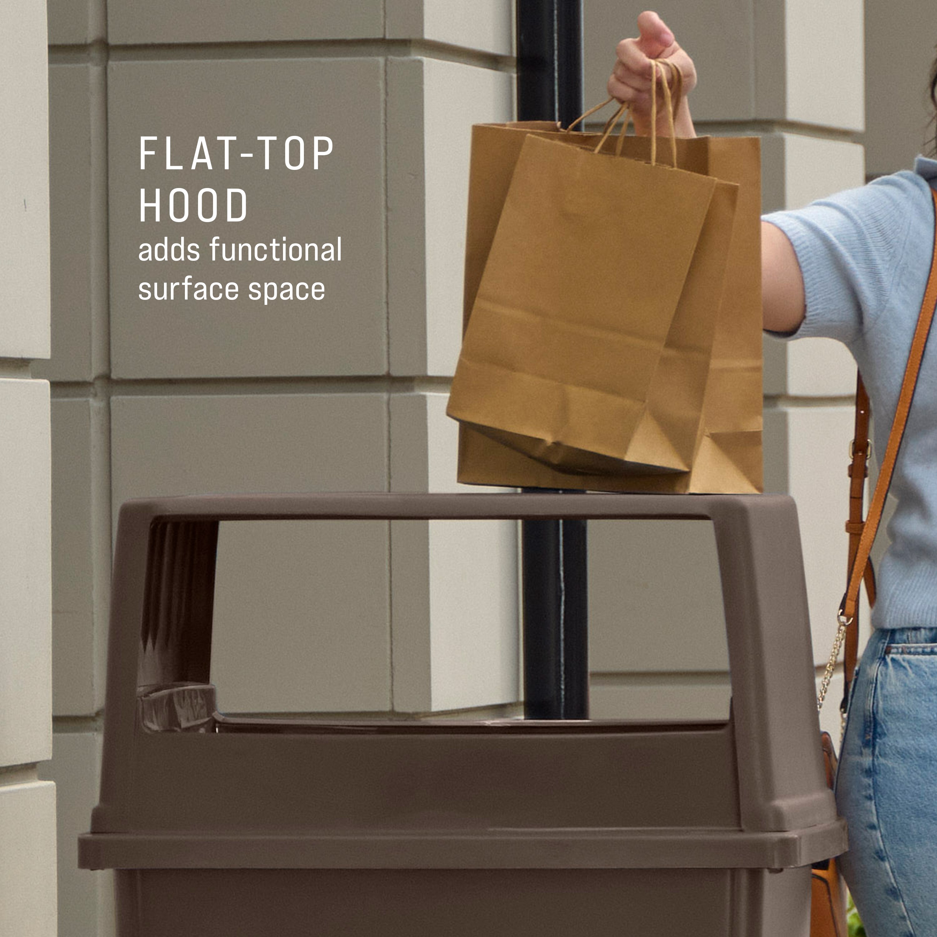 The Rubbermaid Commercial Products® Fulfill Hooded Landfill Top for 56 gallon containers features two large openings for hands-free landfill disposal. The updated walnut color blends seamlessly with a variety of spaces.