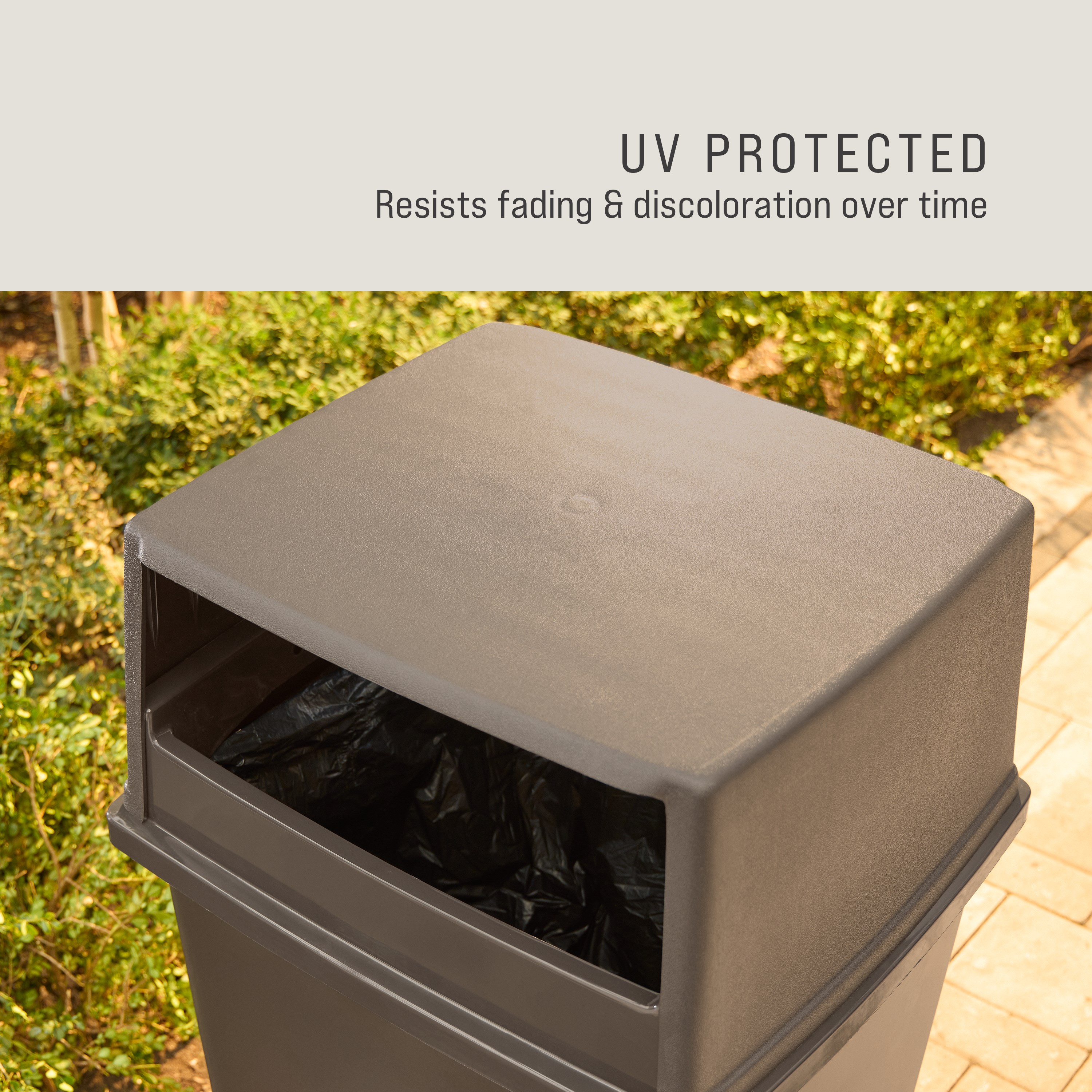 The Rubbermaid Commercial Products® Fulfill Hooded Landfill Top for 56 gallon containers features two large openings for hands-free landfill disposal. The updated walnut color blends seamlessly with a variety of spaces.