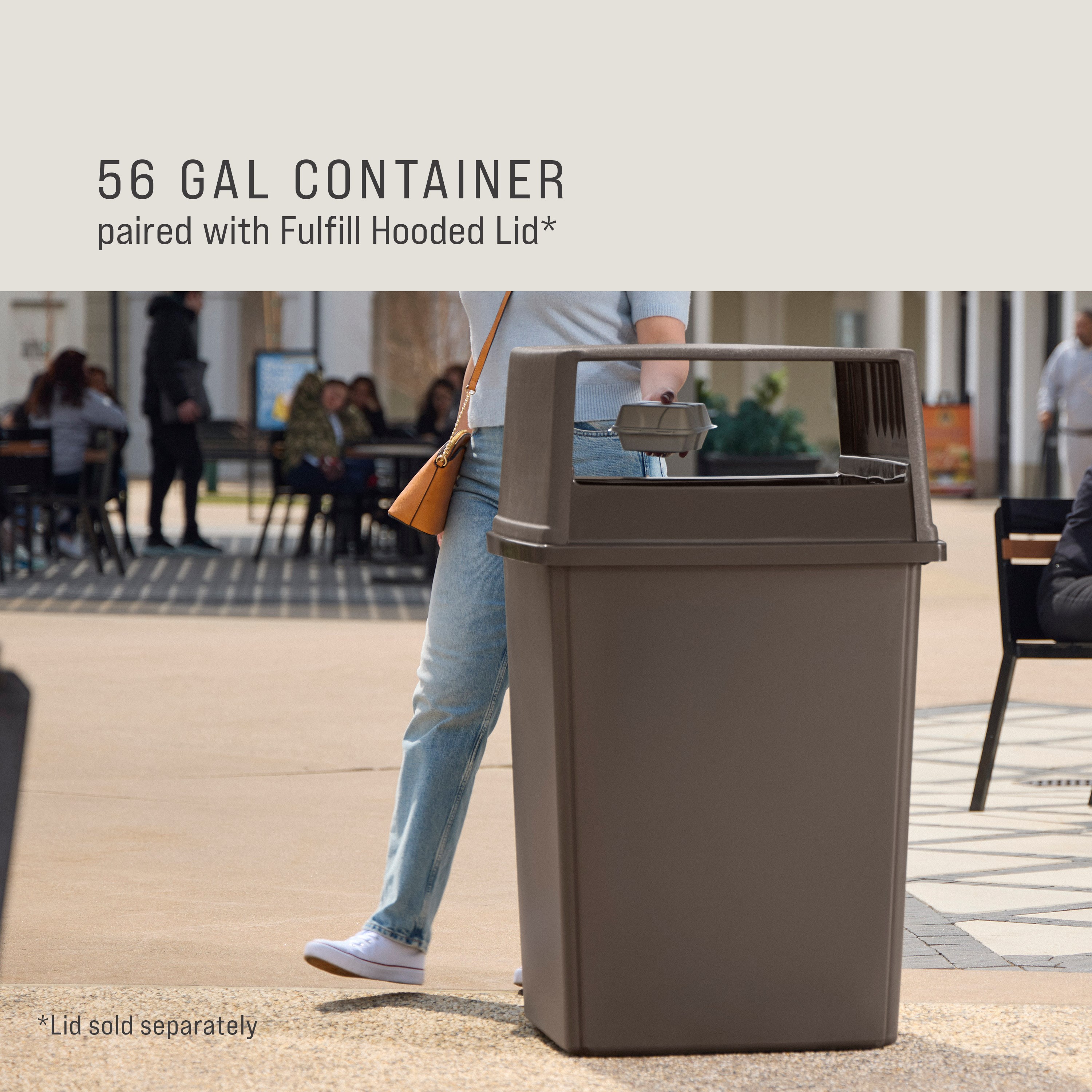 The Fulfill 56-Gallon Trash Can is built to withstand harsh weather and heavy use and delivers high-capacity waste collection for indoor and outdoors spaces, including stadiums, parks, malls, and campuses.
