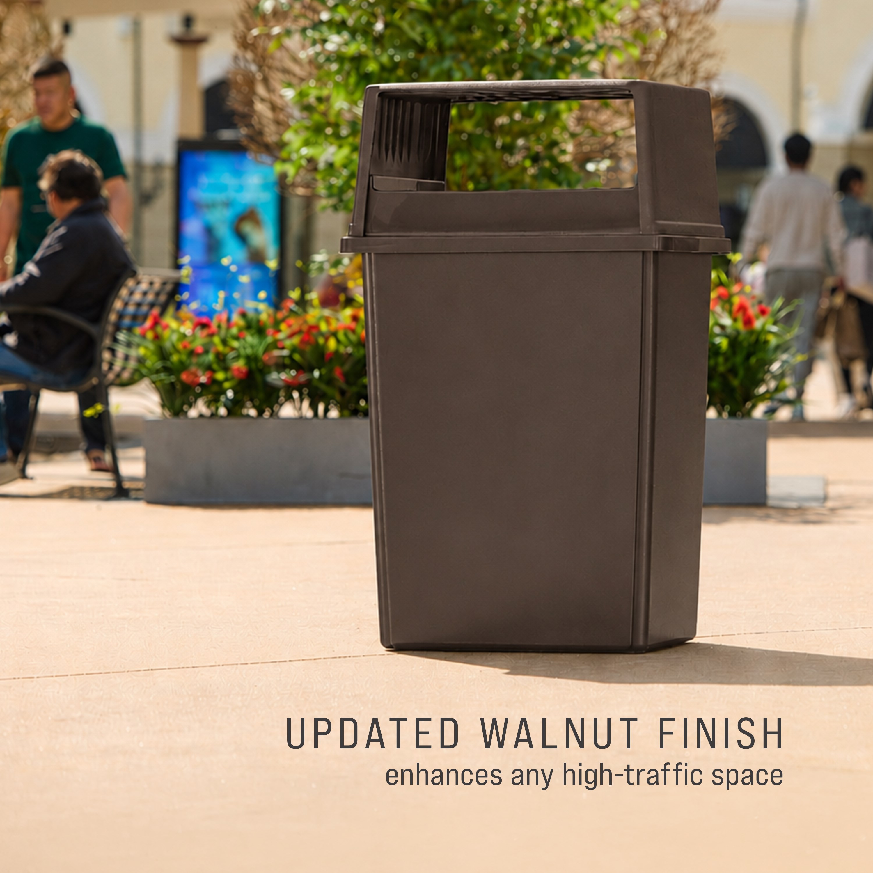 The Fulfill 56-Gallon Trash Can is built to withstand harsh weather and heavy use and delivers high-capacity waste collection for indoor and outdoors spaces, including stadiums, parks, malls, and campuses.
