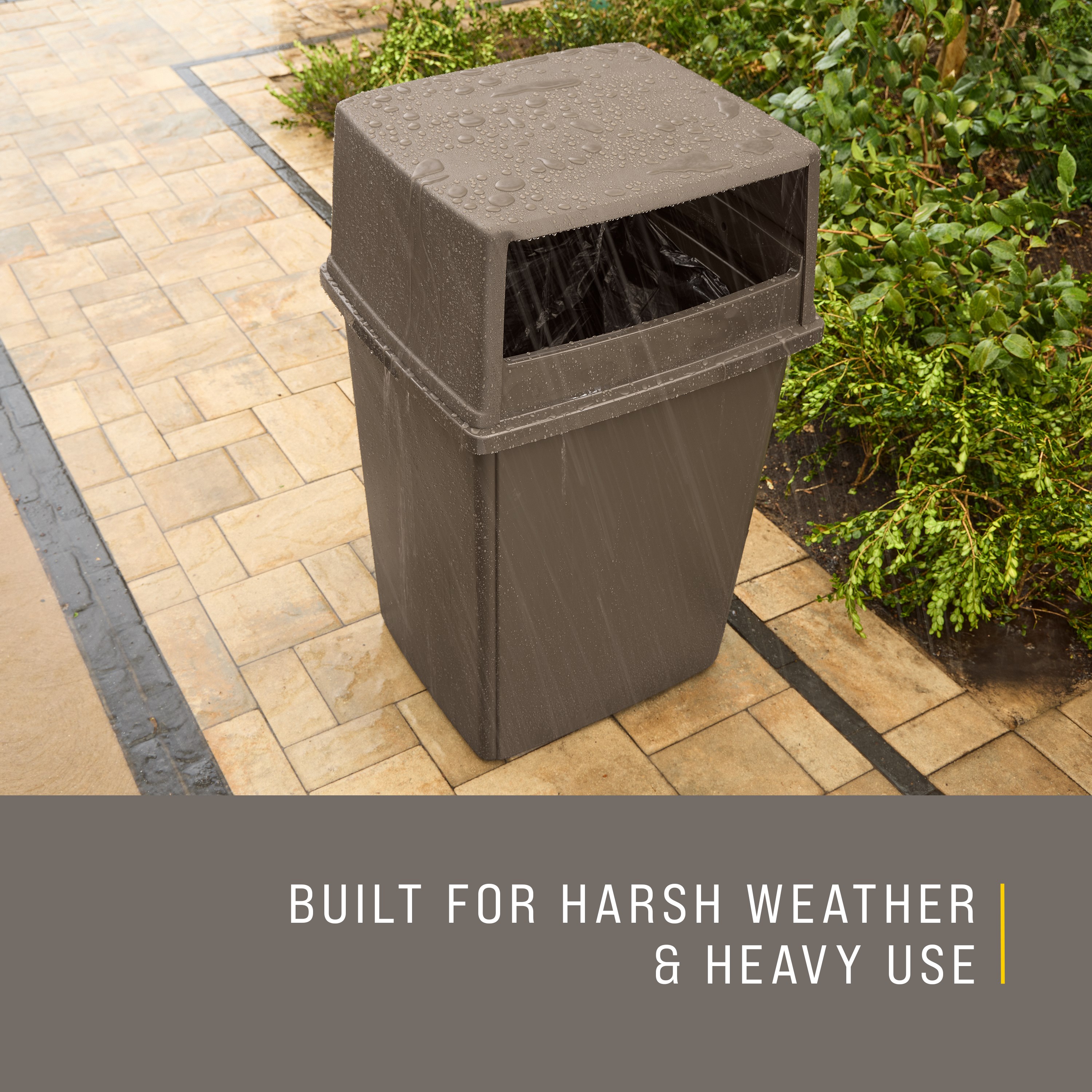 The Fulfill 56-Gallon Trash Can is built to withstand harsh weather and heavy use and delivers high-capacity waste collection for indoor and outdoors spaces, including stadiums, parks, malls, and campuses.