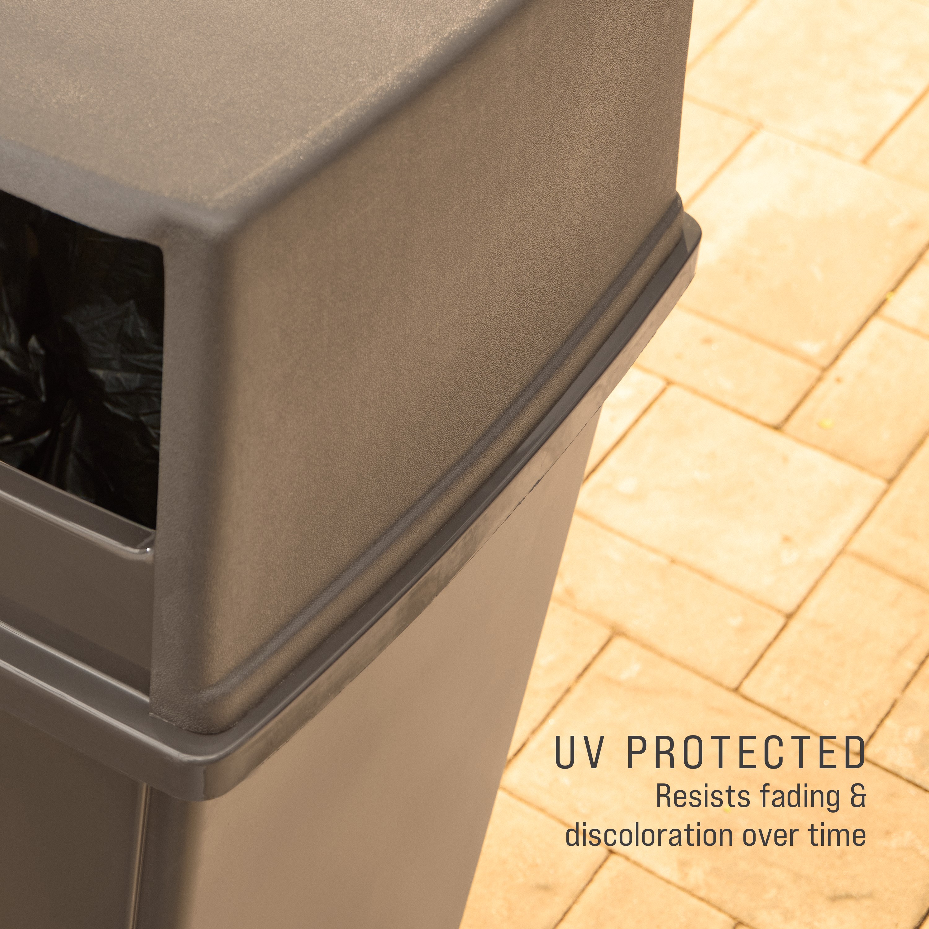 The Fulfill 56-Gallon Trash Can is built to withstand harsh weather and heavy use and delivers high-capacity waste collection for indoor and outdoors spaces, including stadiums, parks, malls, and campuses.