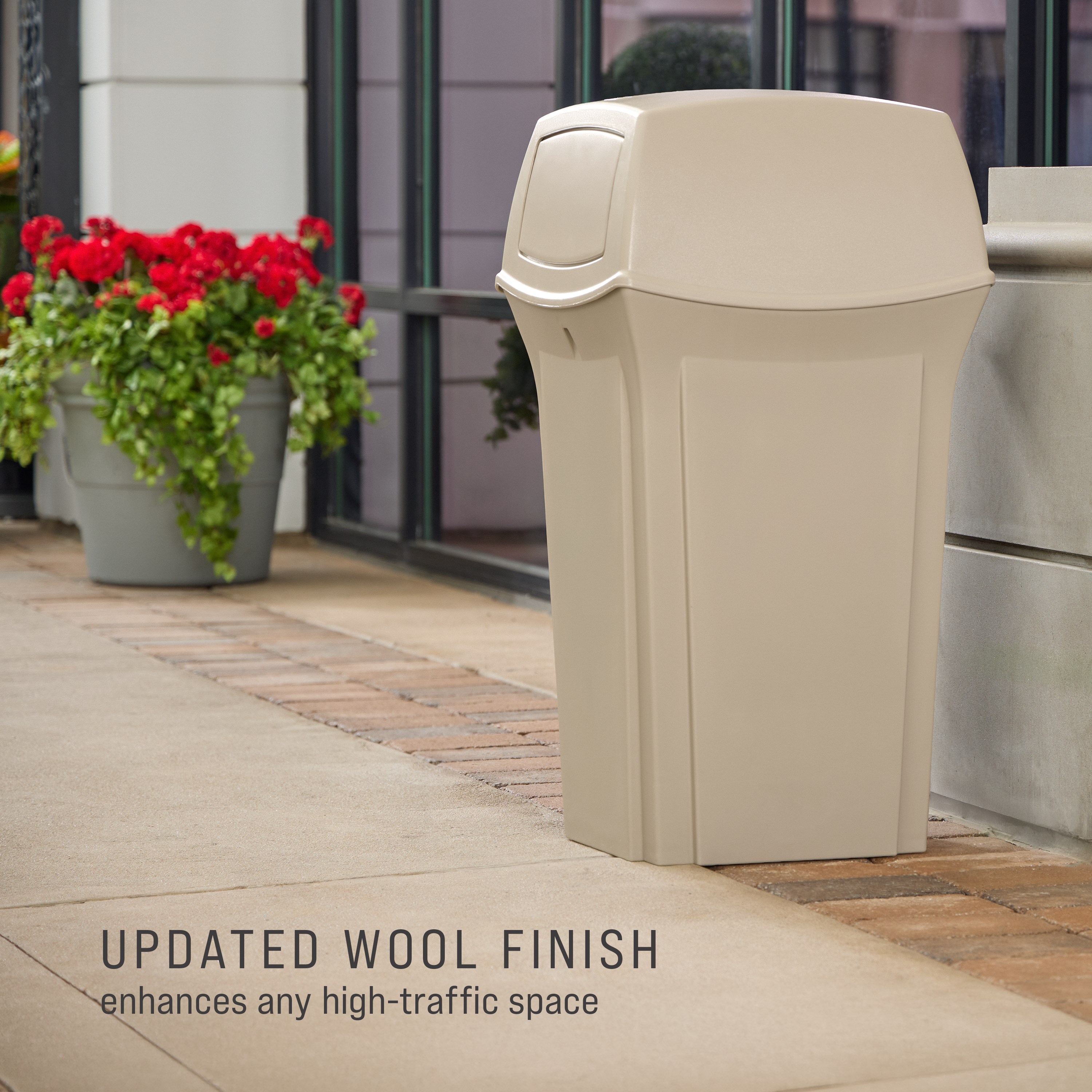 The Rubbermaid Commercial Products® Ranger 35-Gallon Container features two hinged doors that conceal waste and control odor. The updated wool color blends seamlessly with a variety of spaces.