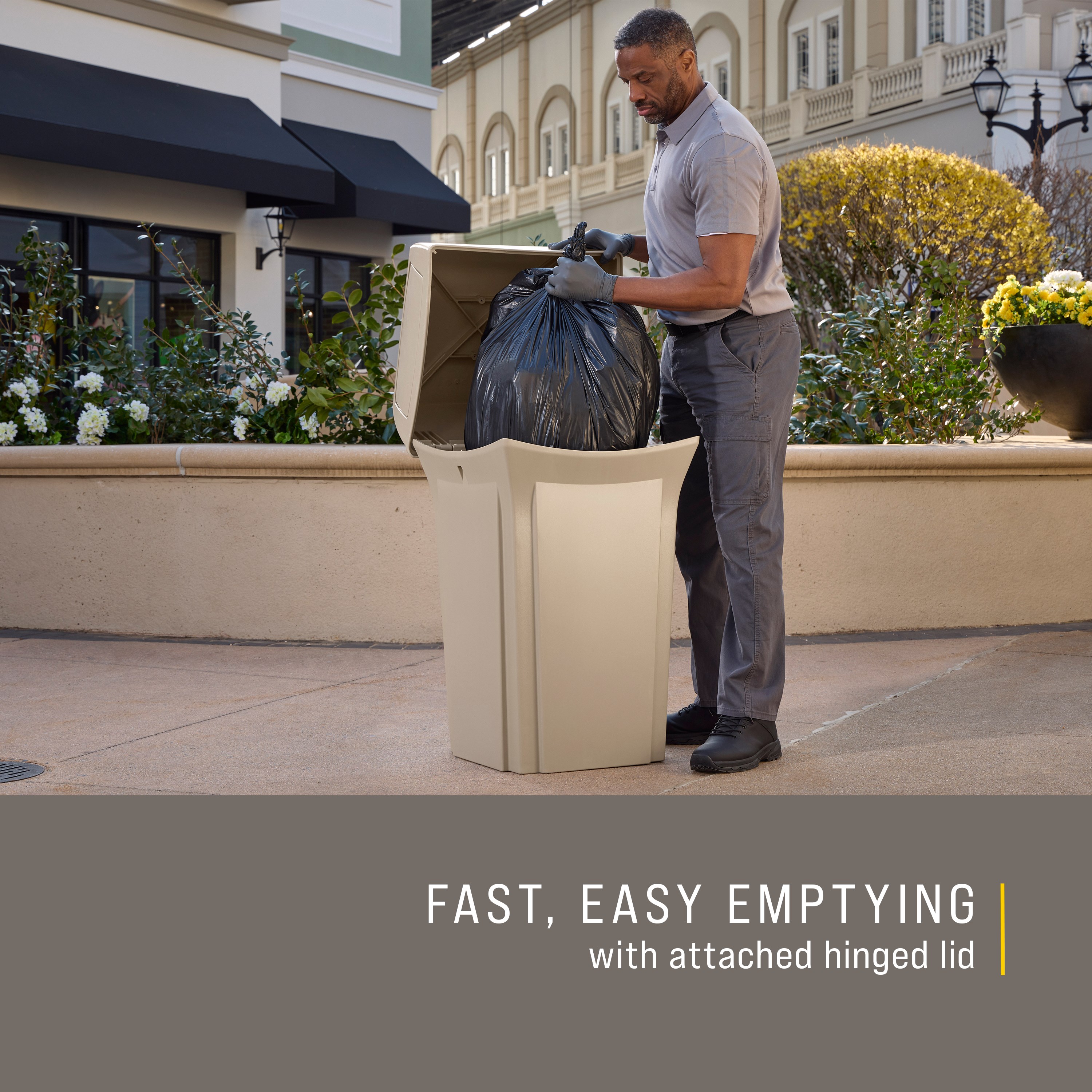 The Rubbermaid Commercial Products® Ranger 35-Gallon Container features two hinged doors that conceal waste and control odor. The updated wool color blends seamlessly with a variety of spaces.