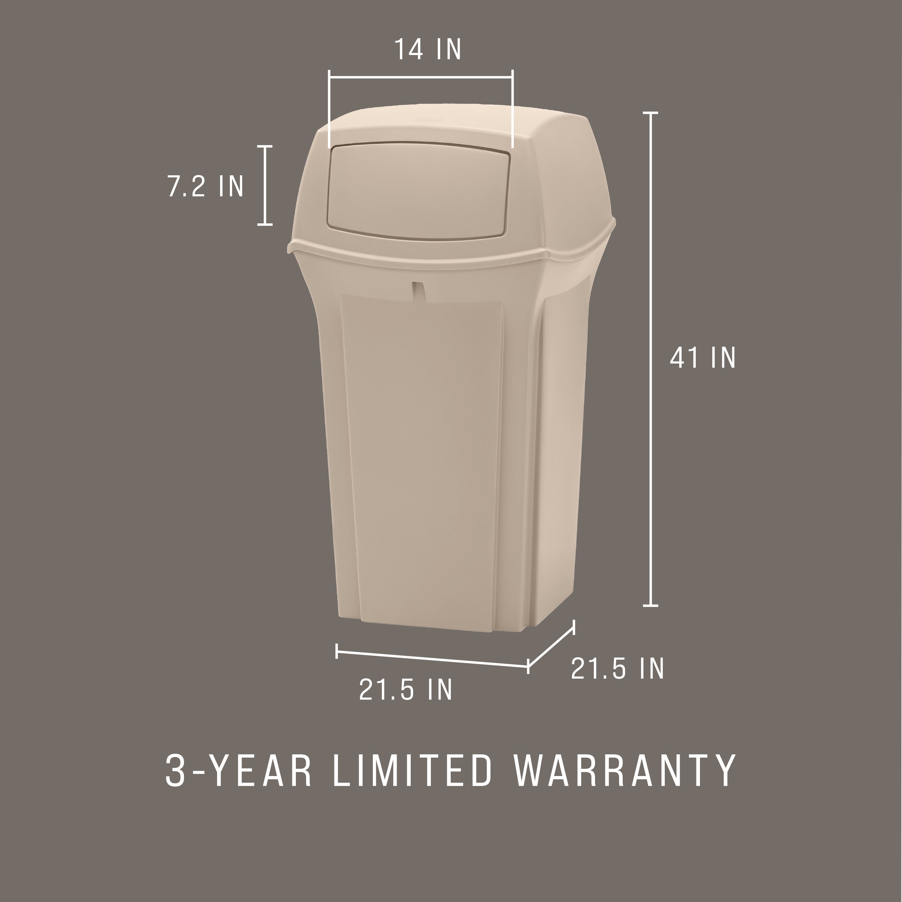 The Rubbermaid Commercial Products® Ranger 35-Gallon Container features two hinged doors that conceal waste and control odor. The updated wool color blends seamlessly with a variety of spaces.