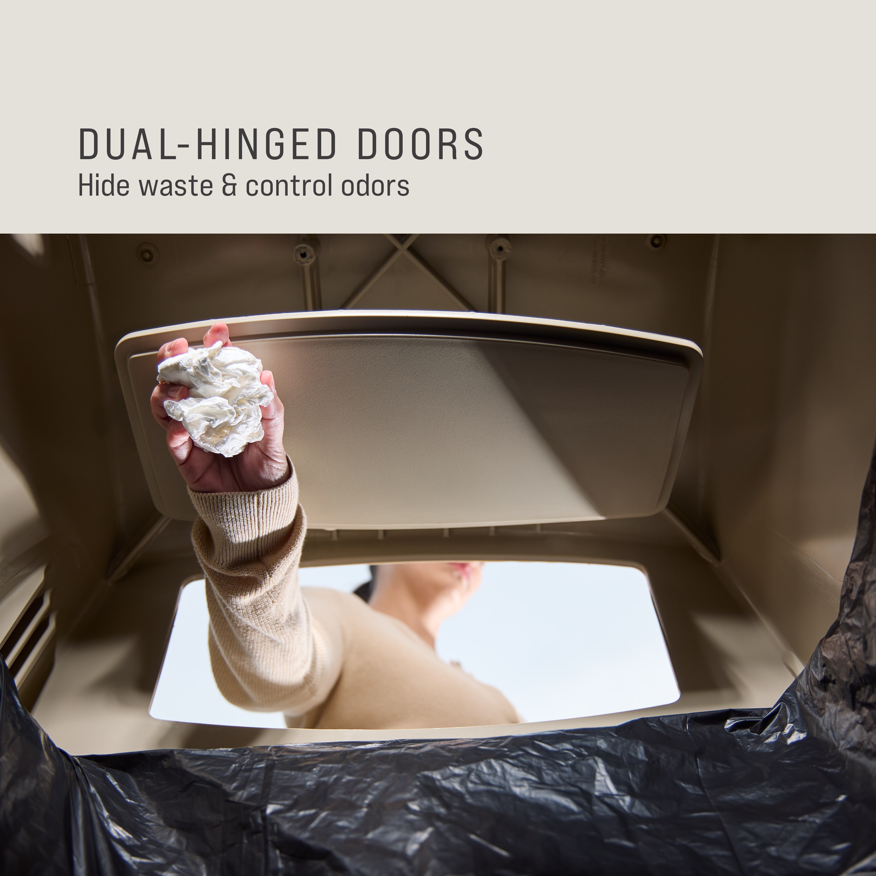 The Rubbermaid Commercial Products® Ranger 35-Gallon Container features two hinged doors that conceal waste and control odor. The updated wool color blends seamlessly with a variety of spaces.
